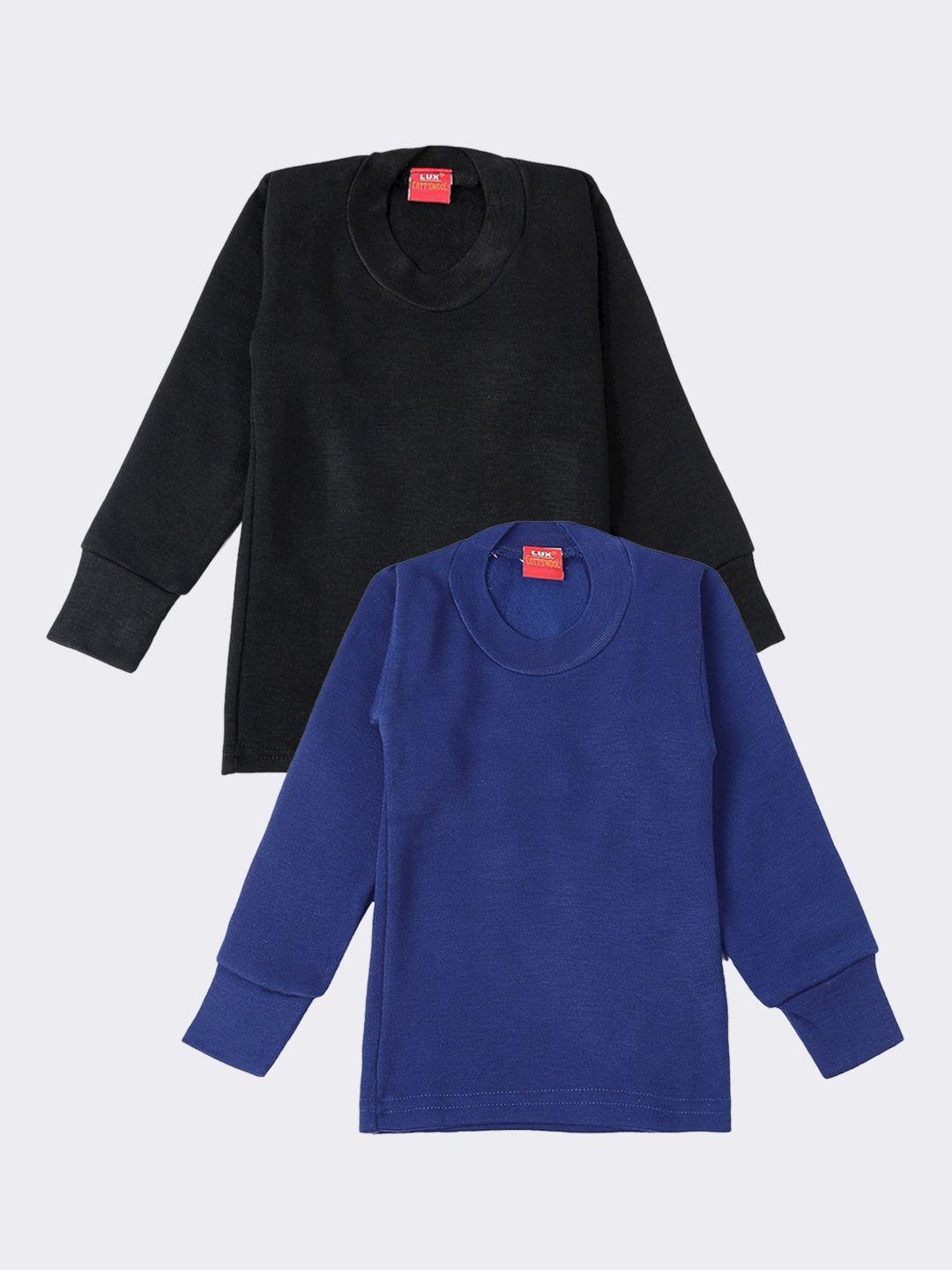 lux cottswool boys pack of 2 blue & black solid cotton thermal tops