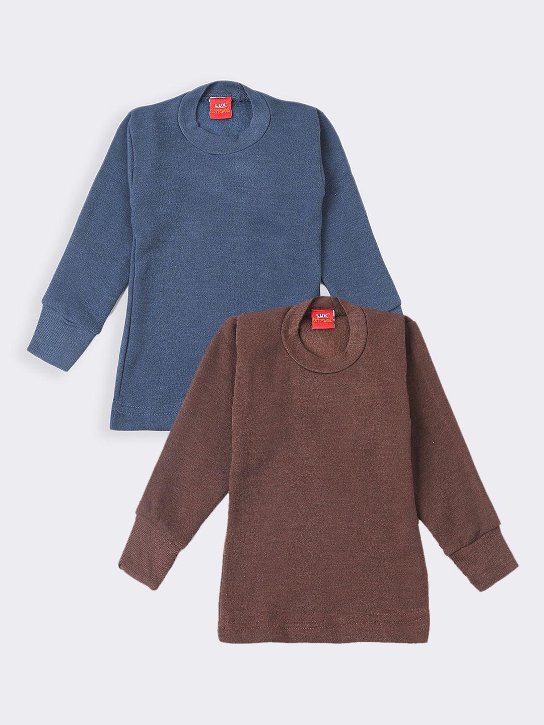 lux cottswool boys pack of 2 brown & blue solid thermal tops