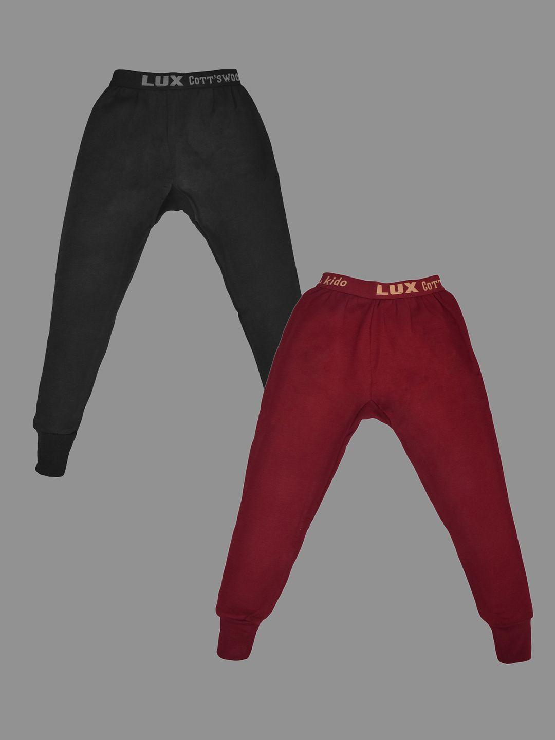 lux cottswool boys pack of 2 maroon & black solid cotton thermal bottoms