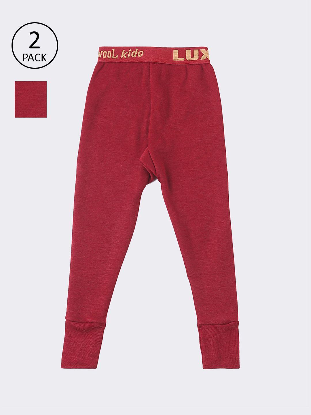 lux cottswool boys set of 2 maroon solid cotton thermal bottoms