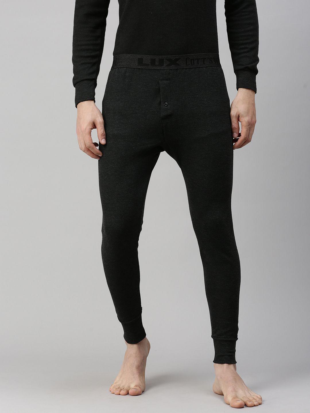 lux cottswool men black solid cotton thermal bottom