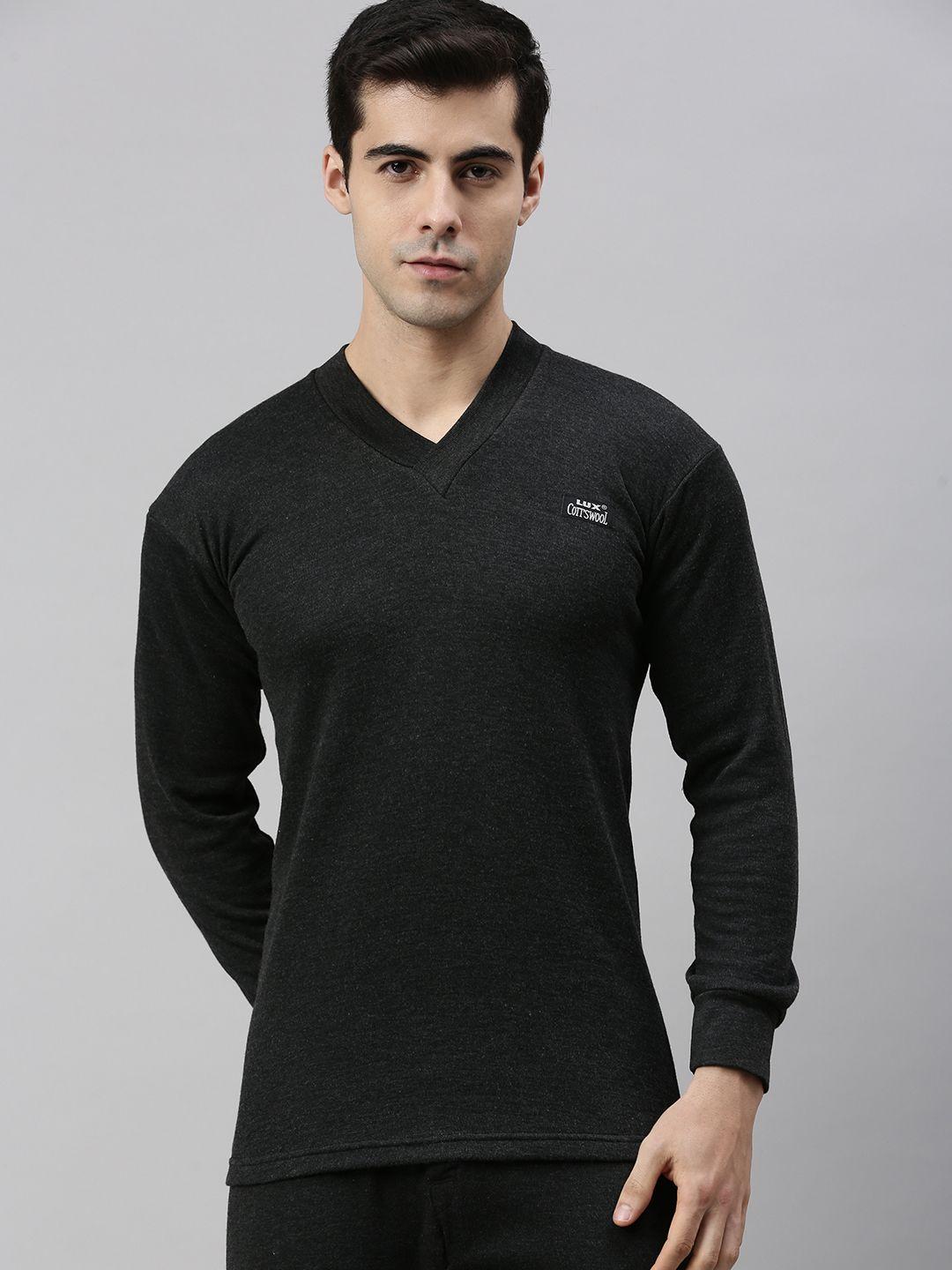 lux cottswool men black solid cotton thermal tops