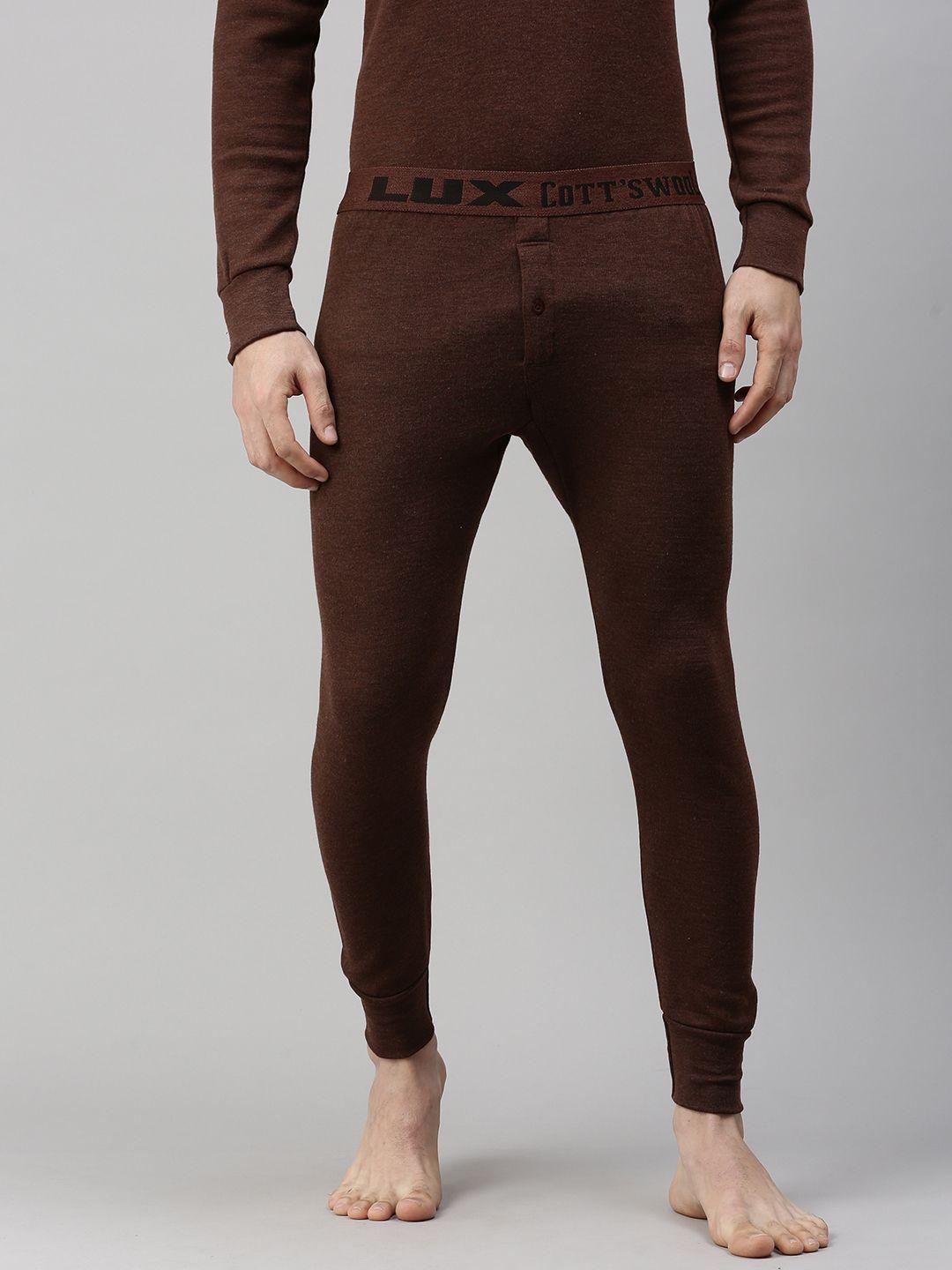 lux cottswool men brown  solid cotton thermal bottom