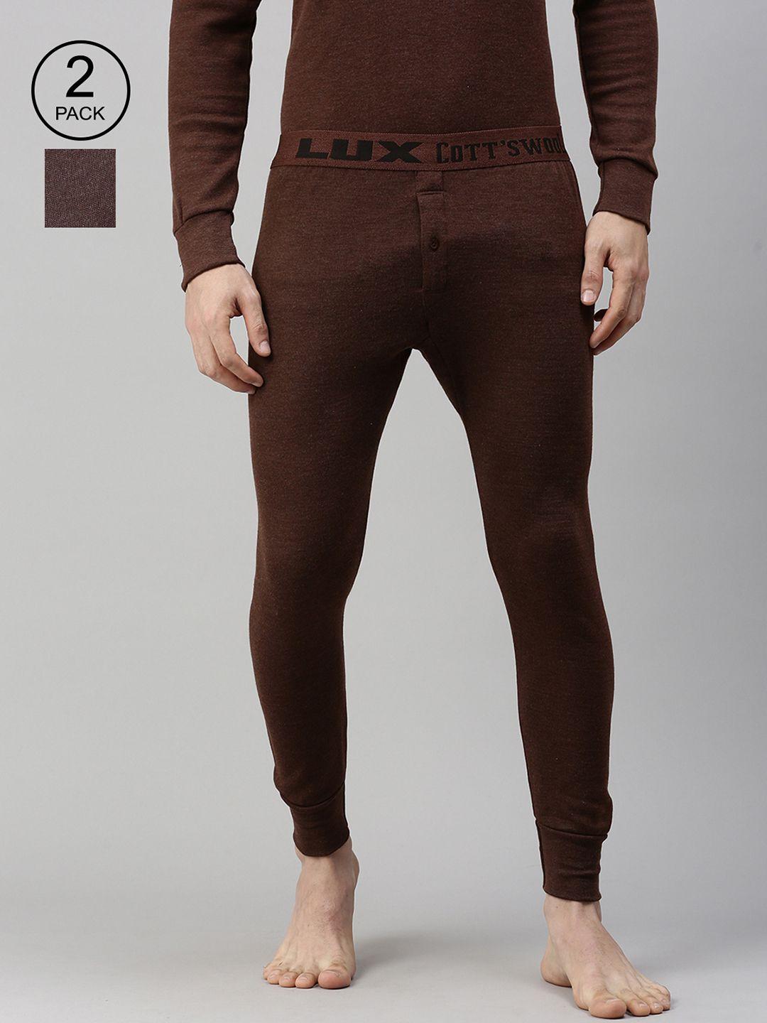 lux cottswool men pack of 2 brown solid cotton thermal bottoms