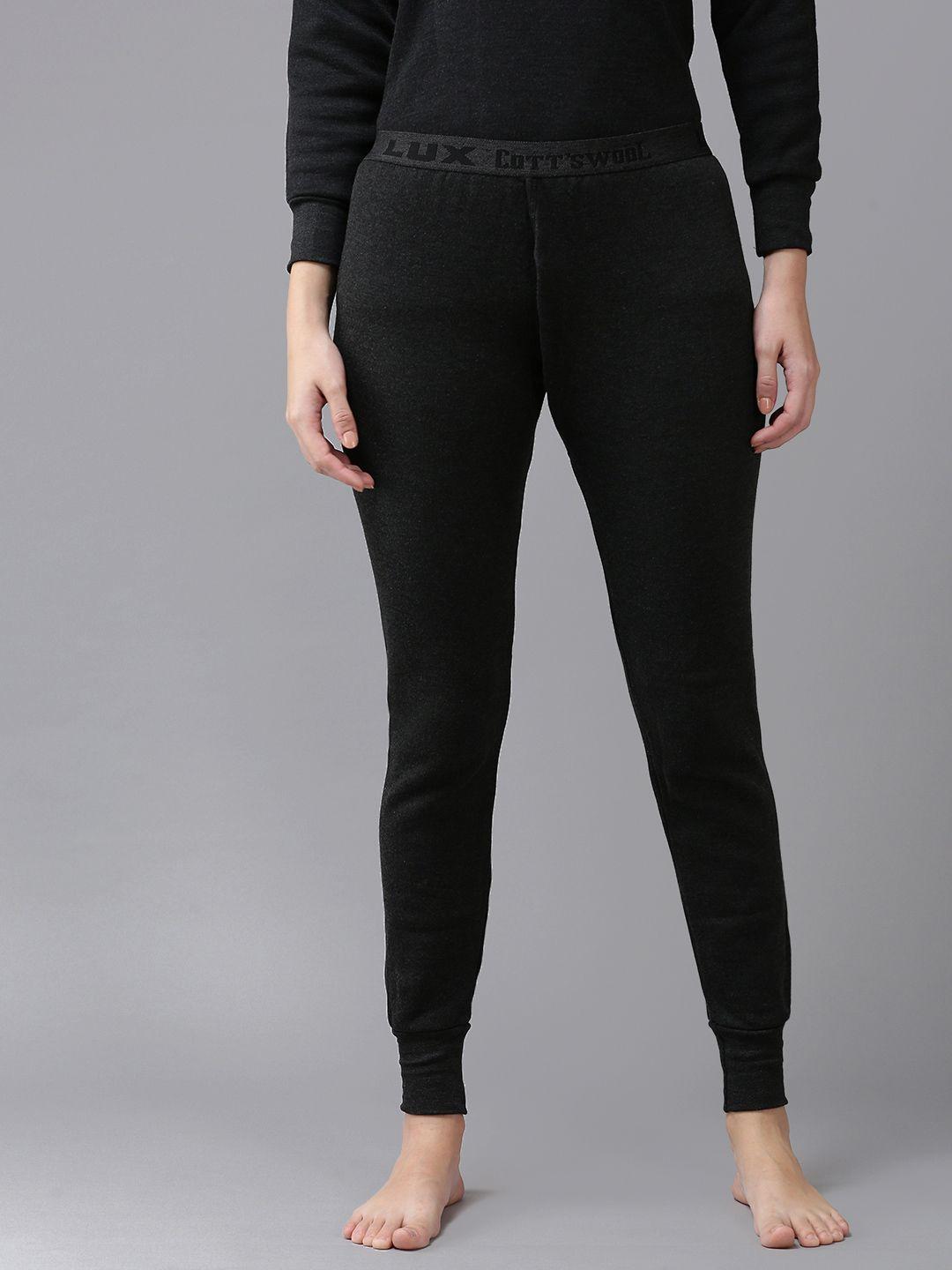 lux cottswool women black solid cotton thermal bottoms