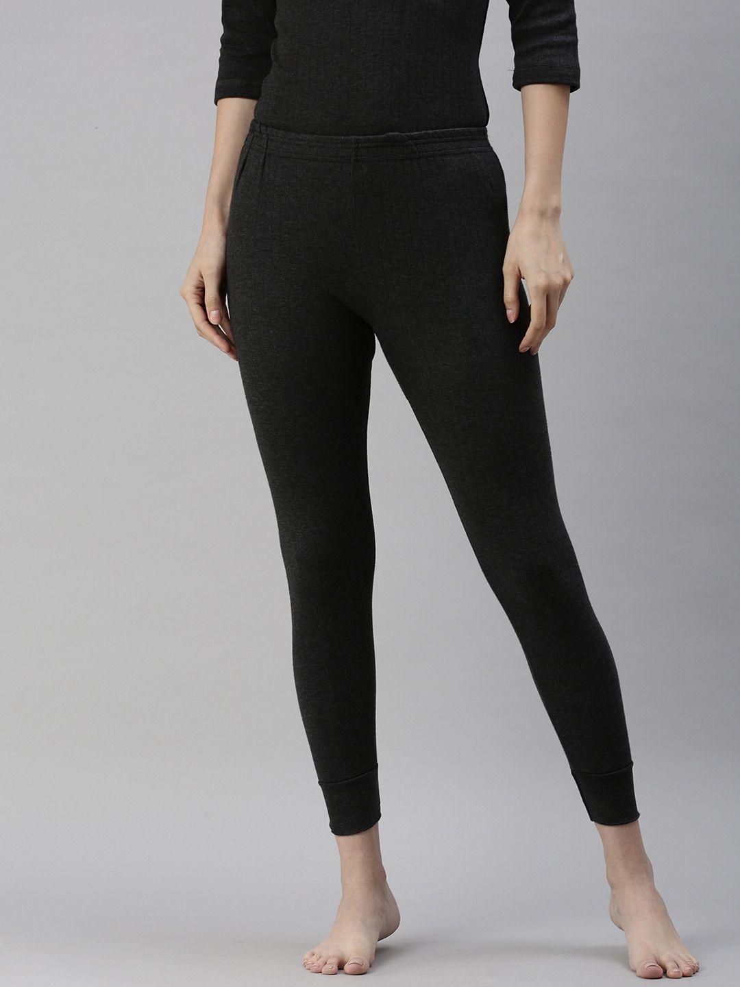 lux cottswool women black solid cotton thermal bottoms