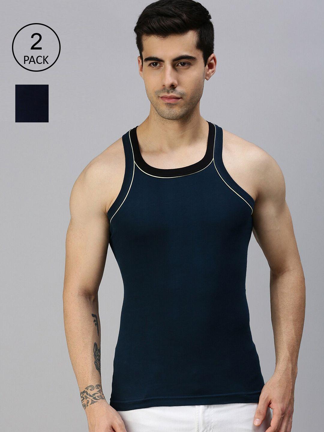 lux cozi men pack of 2 blue & navy blue solid pure cotton innerwear vests