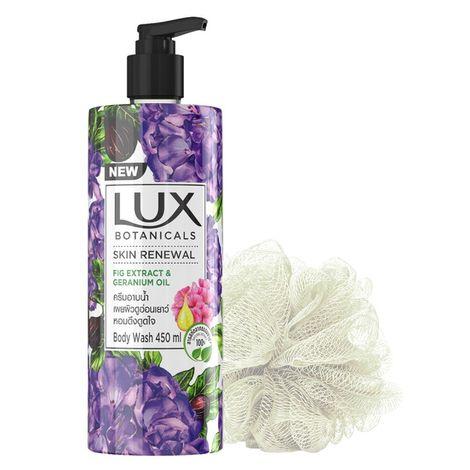 lux botanicals geranium oil & fig extract body wash for skin renewal, 450ml(free loofah)