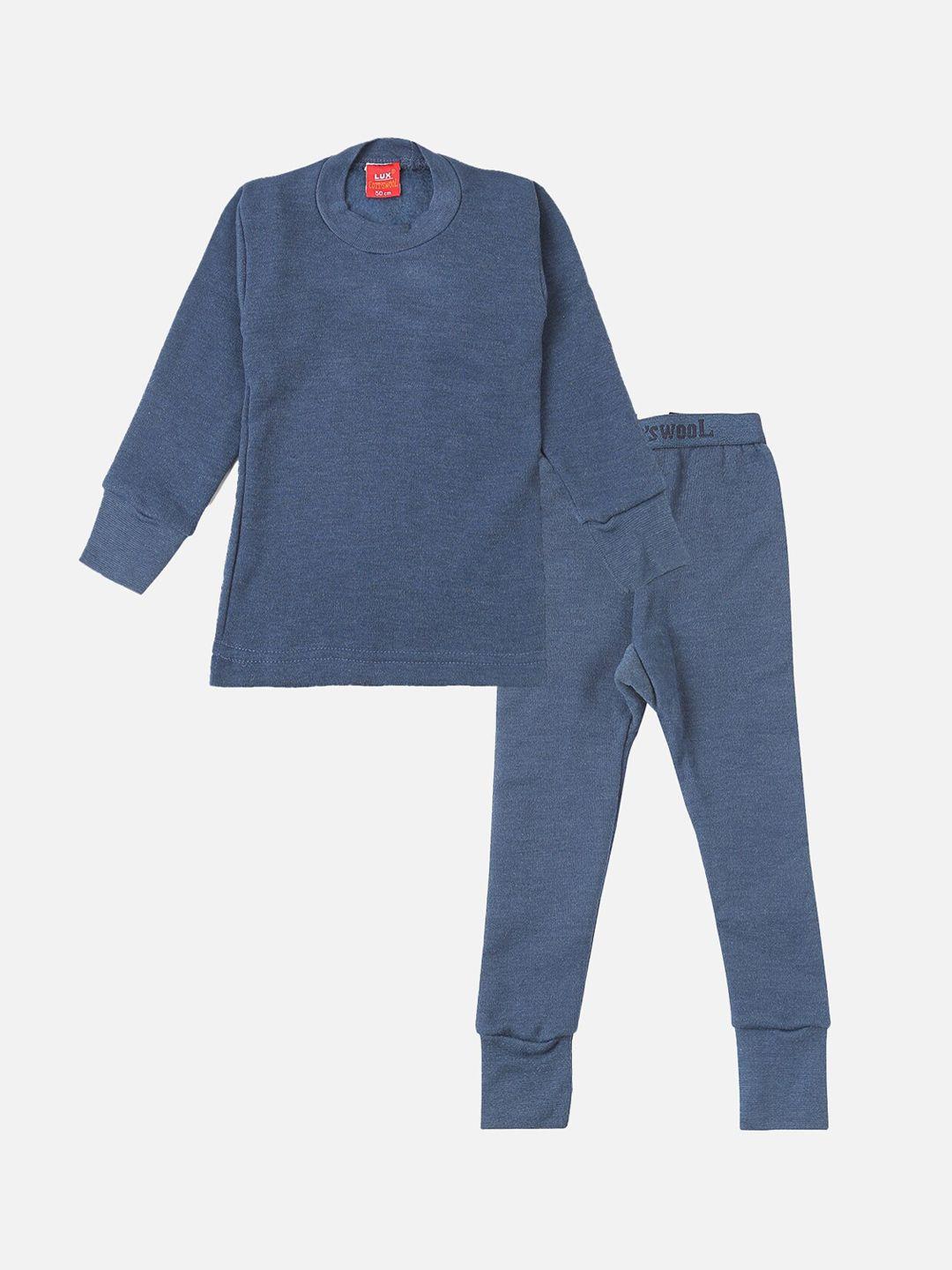lux cottswool boys blue solid knitted cotton slim-fit thermal set