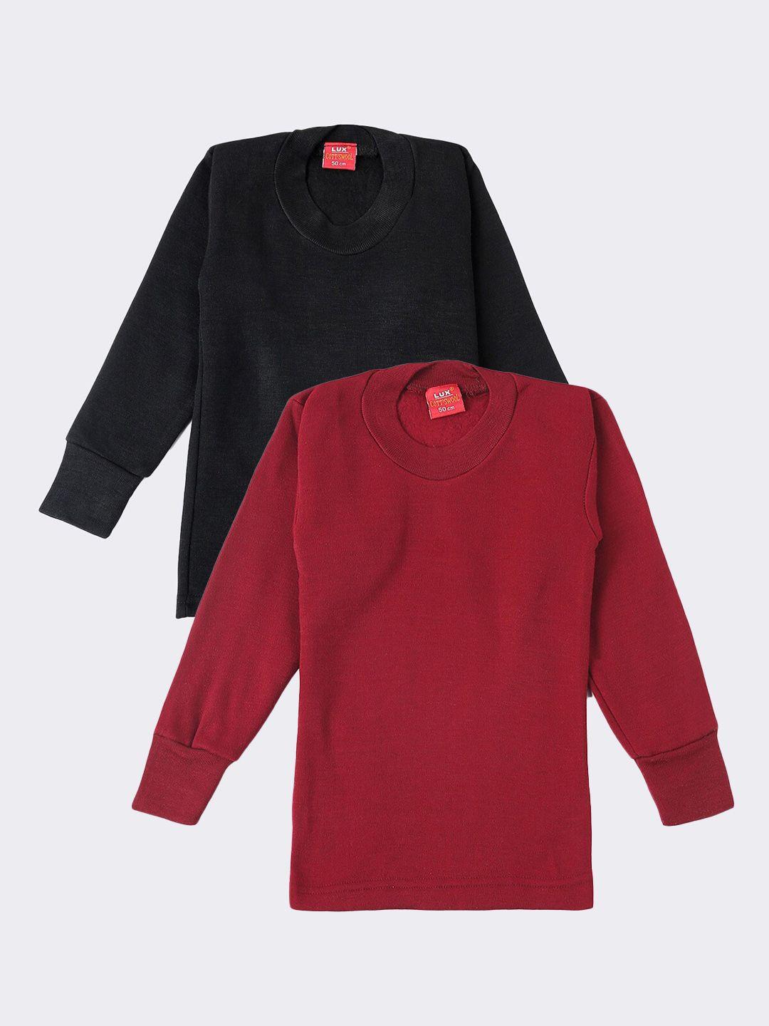 lux cottswool boys pack of 2 black & maroon solid cotton thermal tops