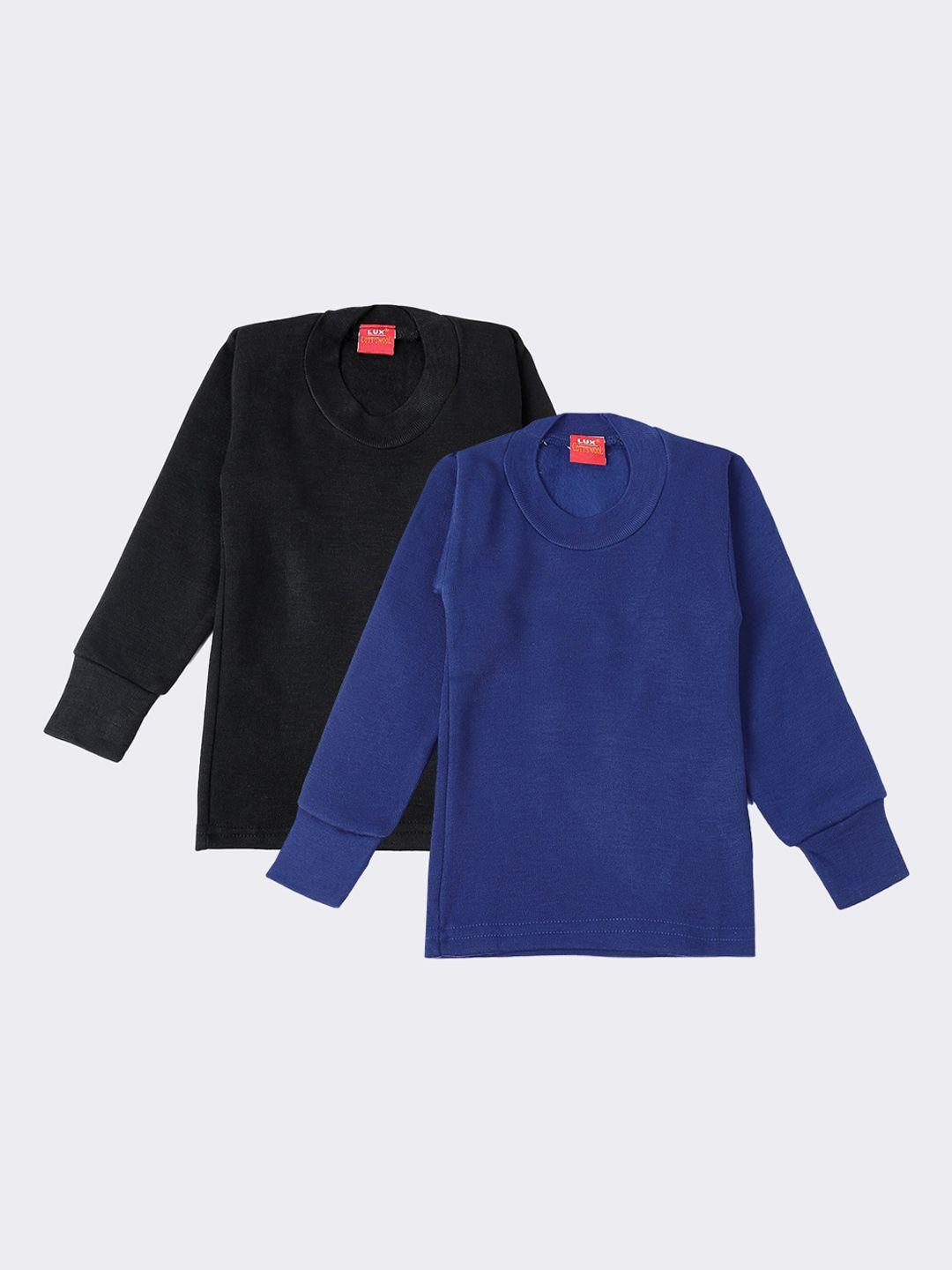 lux cottswool boys pack of 2 blue & black solid cotton thermal tops