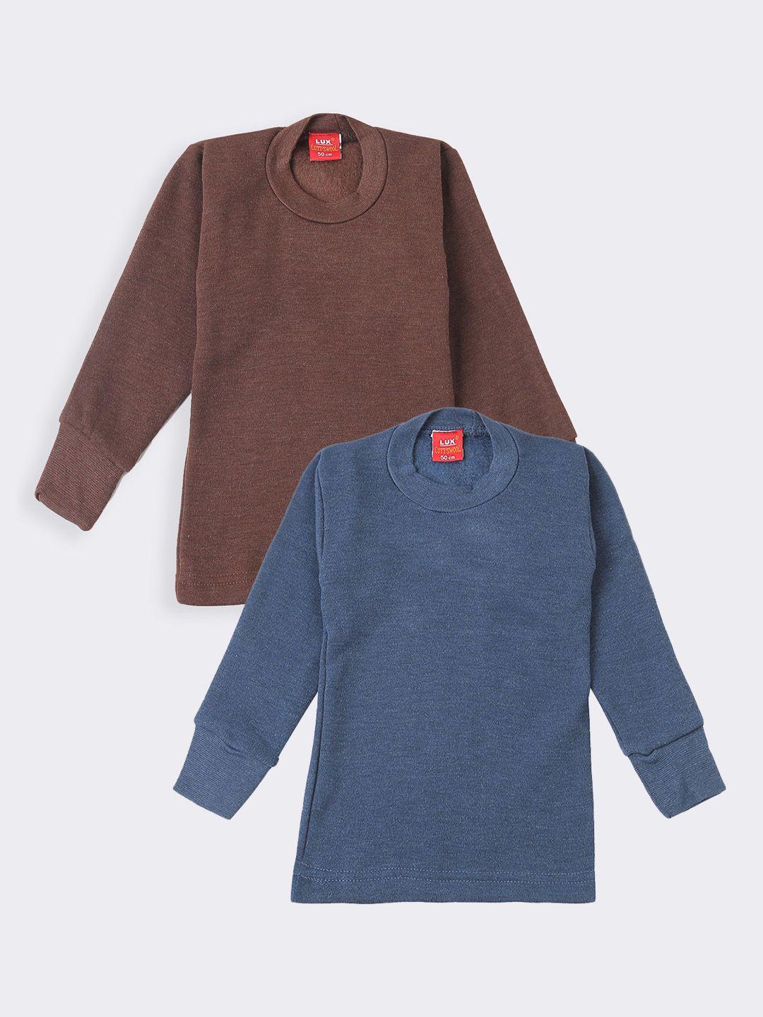 lux cottswool boys pack of 2 brown & blue solid cotton thermal tops