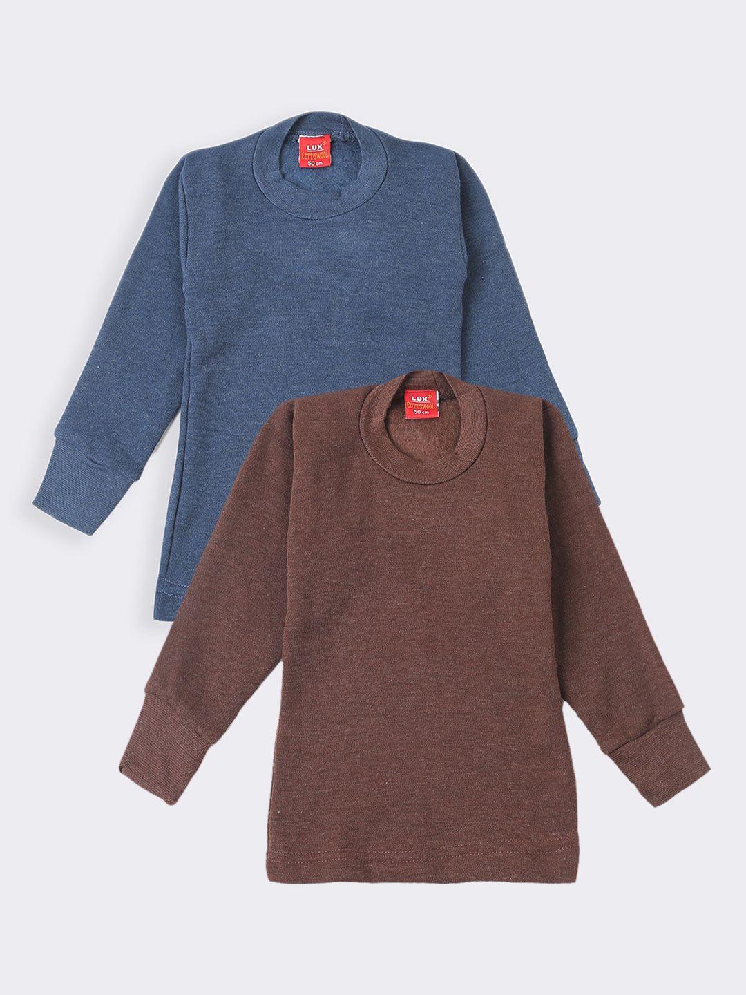 lux cottswool boys pack of 2 brown & blue solid cotton thermal tops