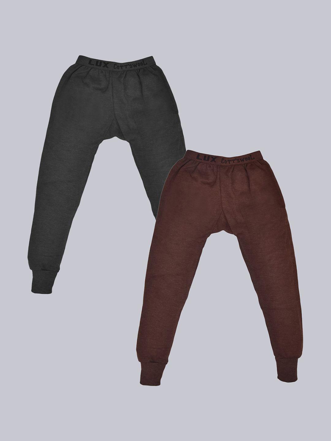 lux cottswool boys pack of 2 brown and black solid cotton thermal bottoms