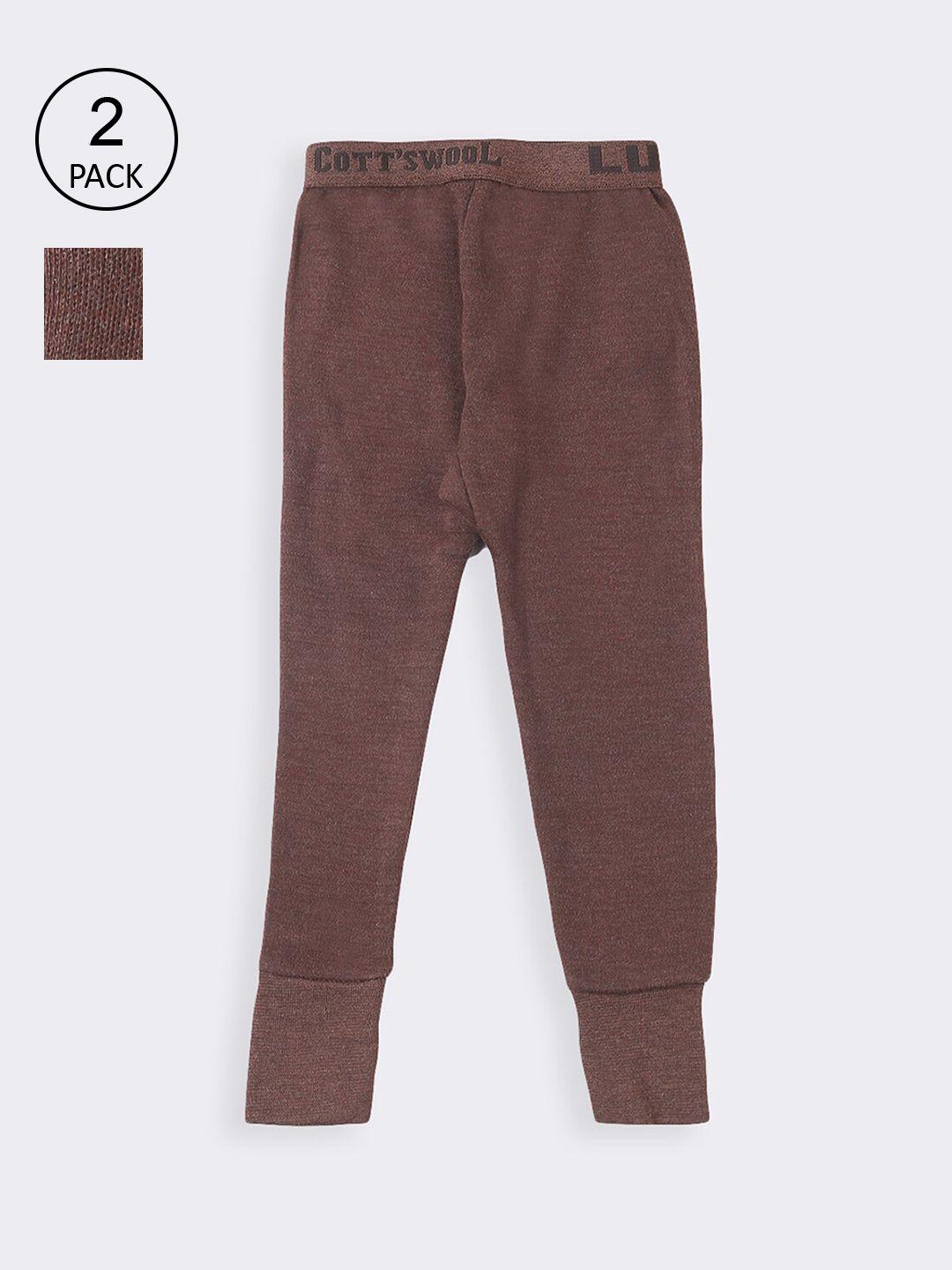 lux cottswool boys pack of 2 brown solid cotton thermal bottoms