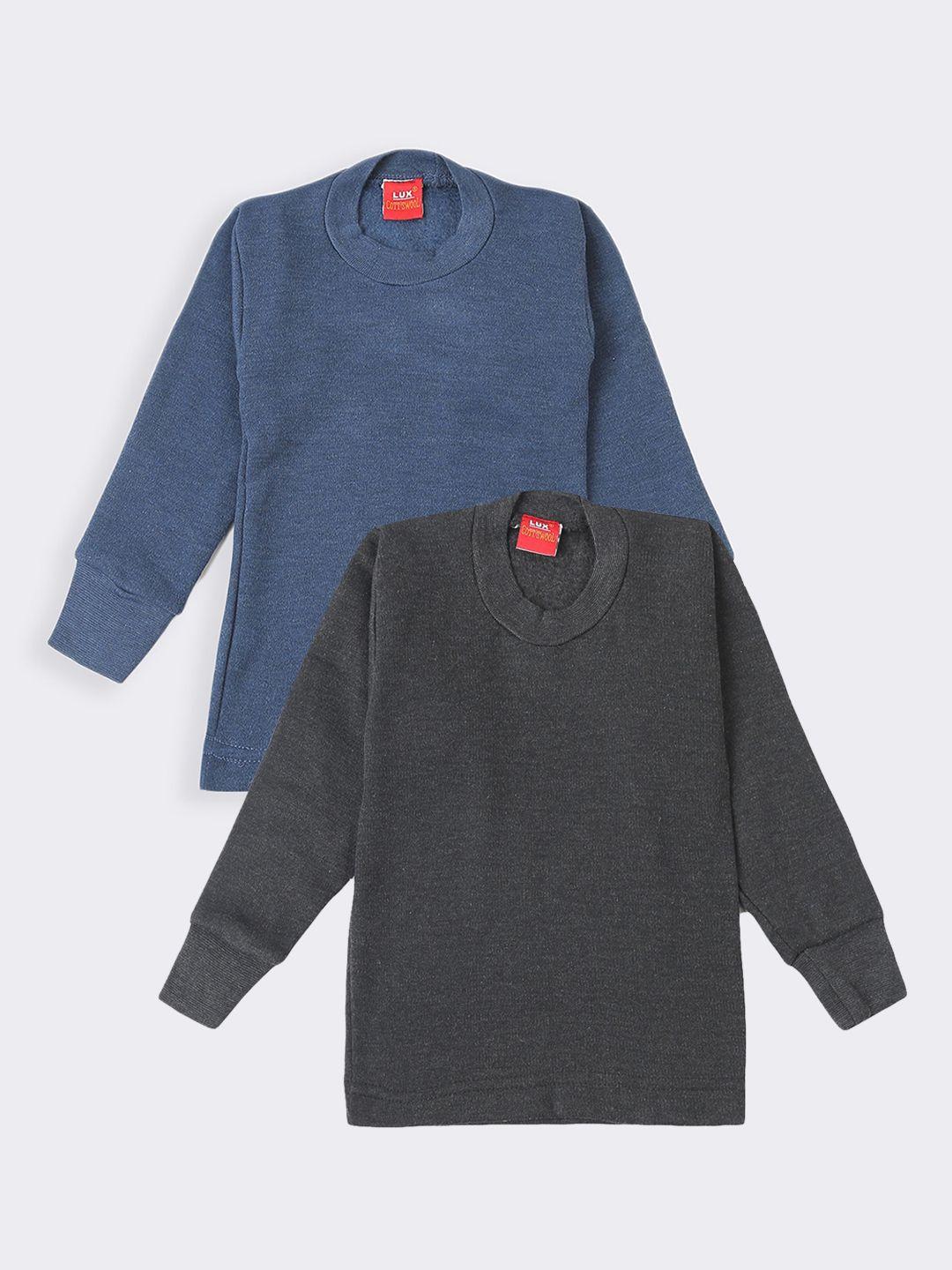lux cottswool boys set of 2 black & blue solid cotton thermal tops