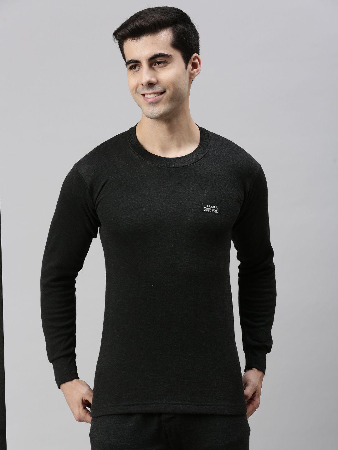 lux cottswool men black solid cotton  thermal top