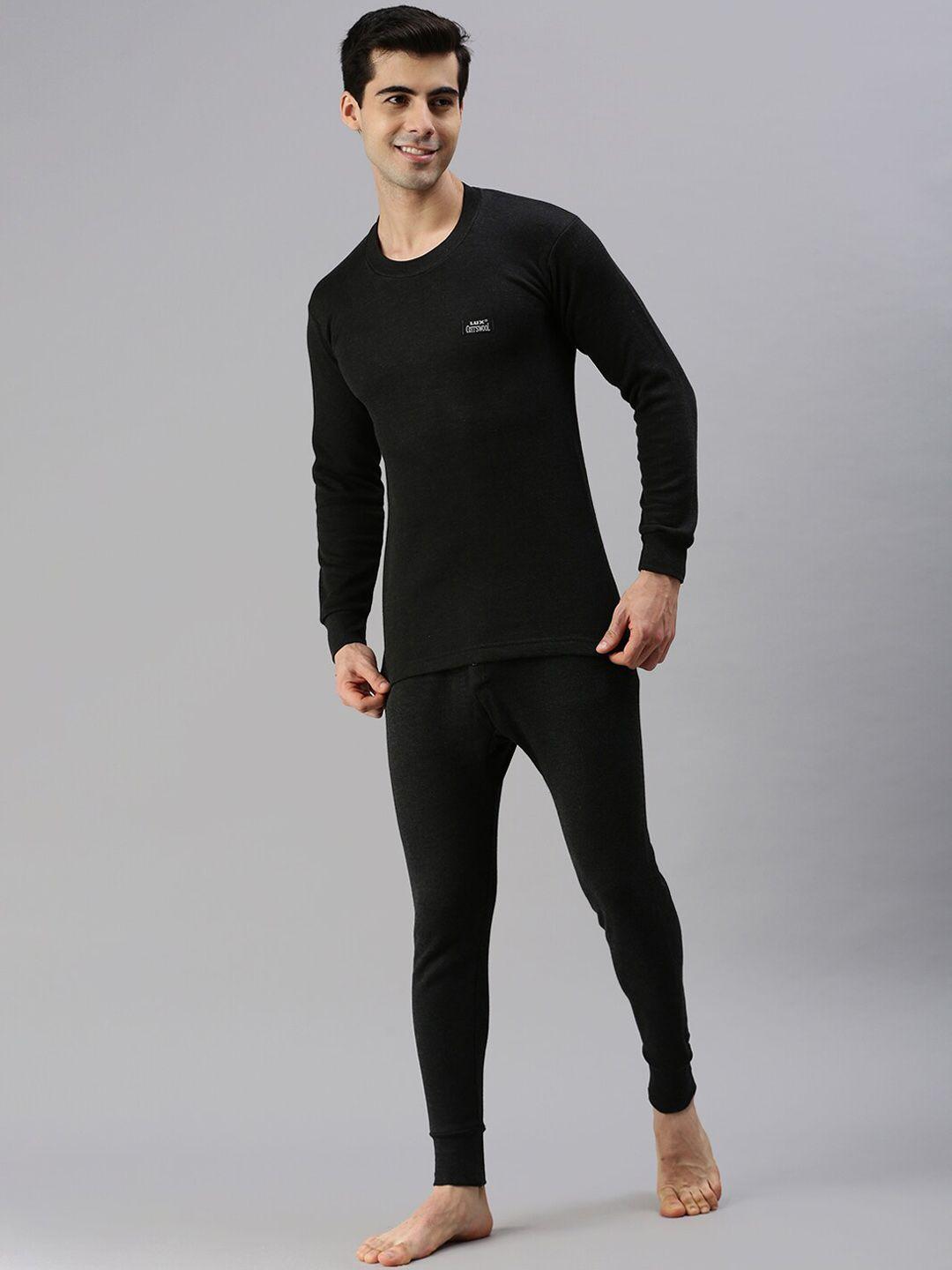 lux cottswool men black solid cotton thermal set