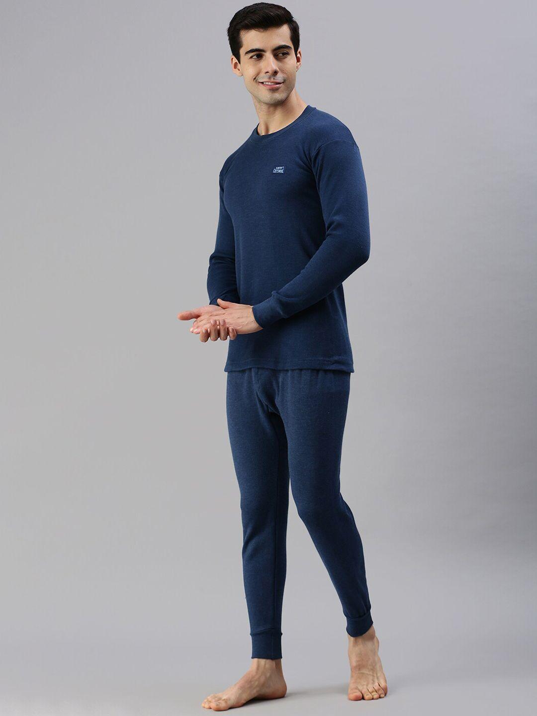 lux cottswool men blue solid cotton thermal set