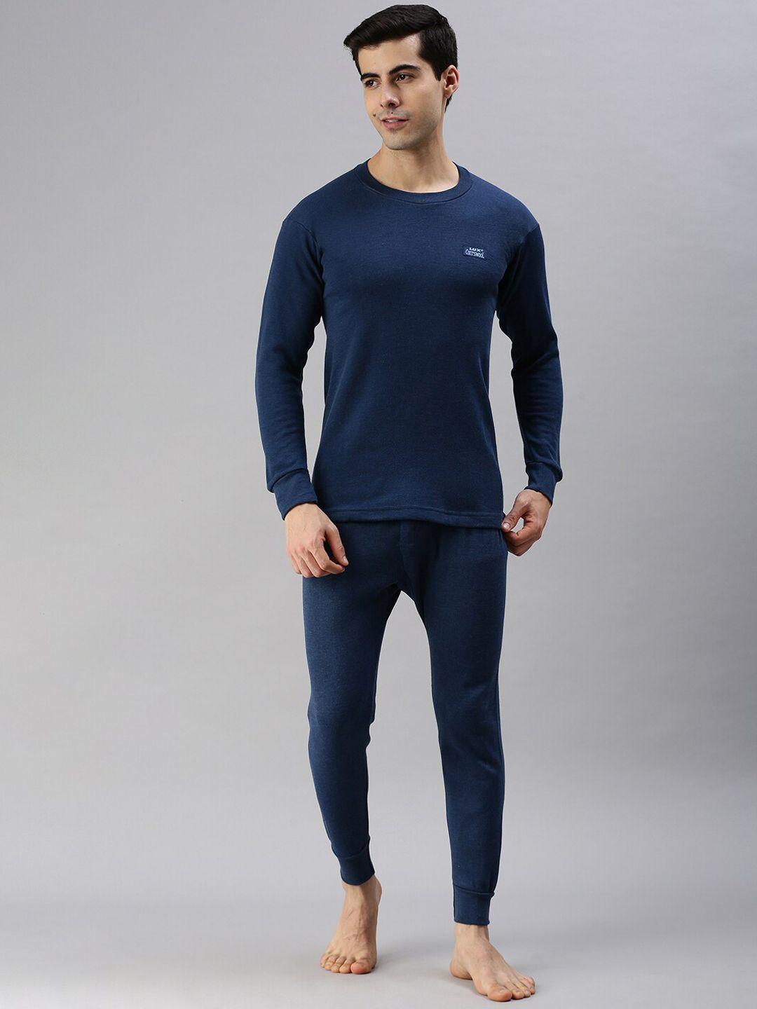 lux cottswool men blue solid cotton thermal set