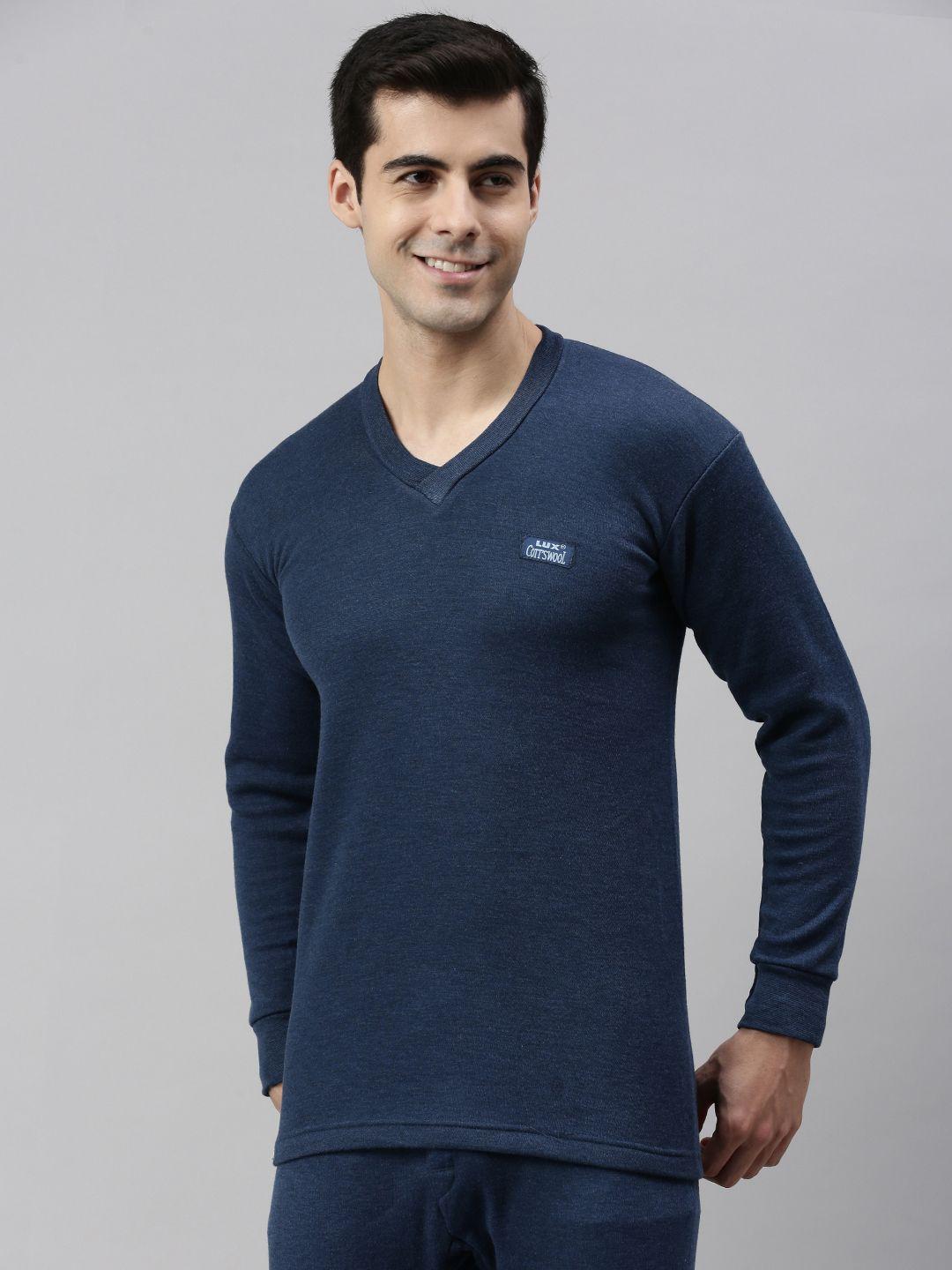 lux cottswool men blue solid cotton thermal top