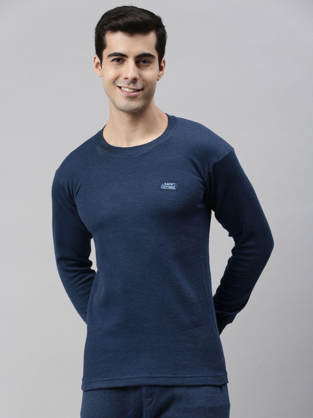 lux cottswool men blue solid cotton thermal tops