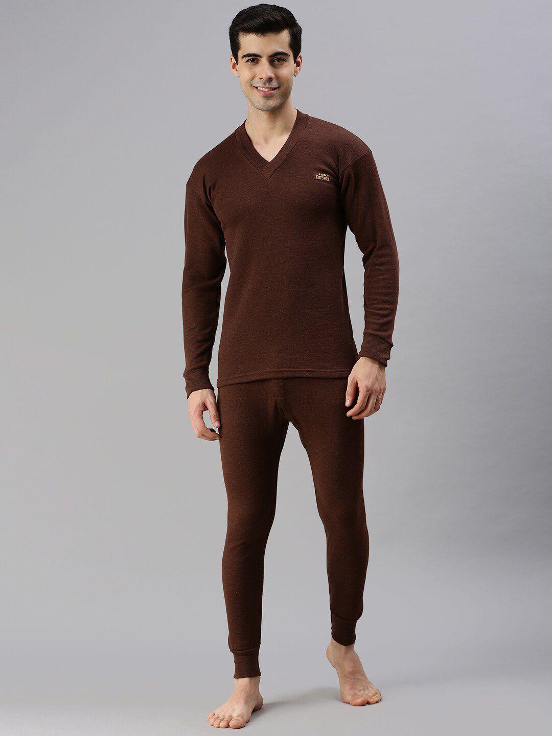 lux cottswool men brown solid cotton  thermal set