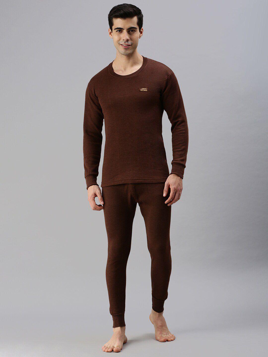 lux cottswool men brown solid cotton thermal set