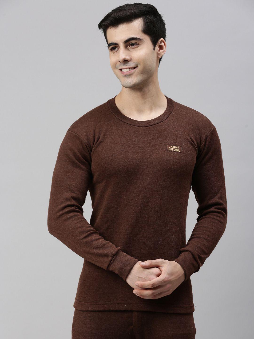 lux cottswool men brown solid cotton thermal tops