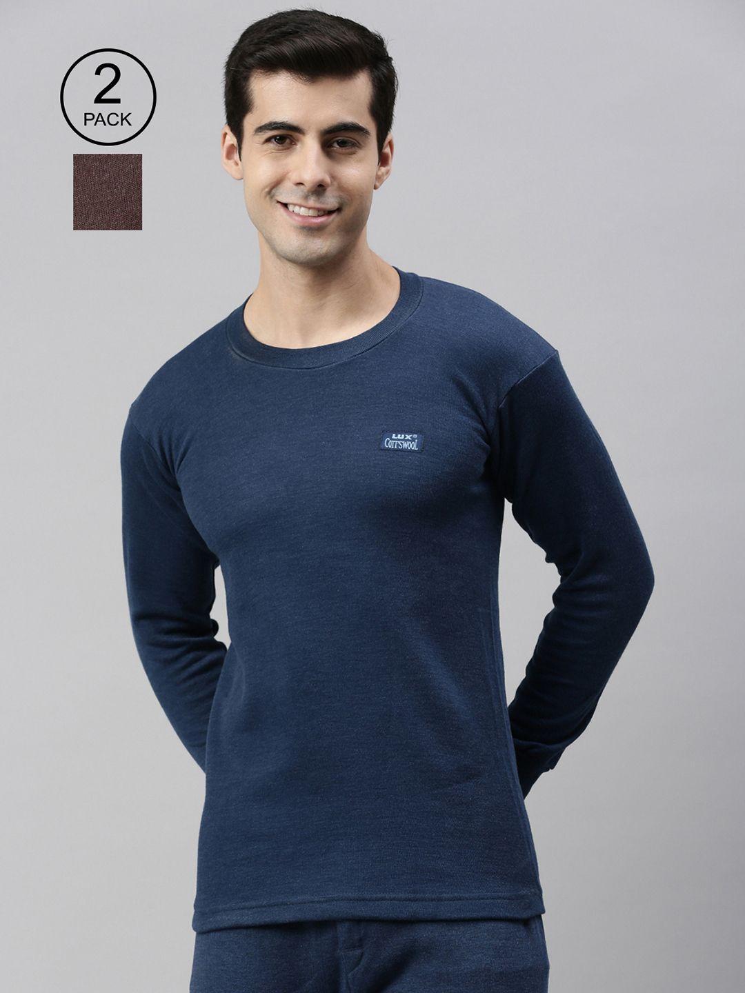 lux cottswool men pack of 2 blue & brown solid cotton thermal tops