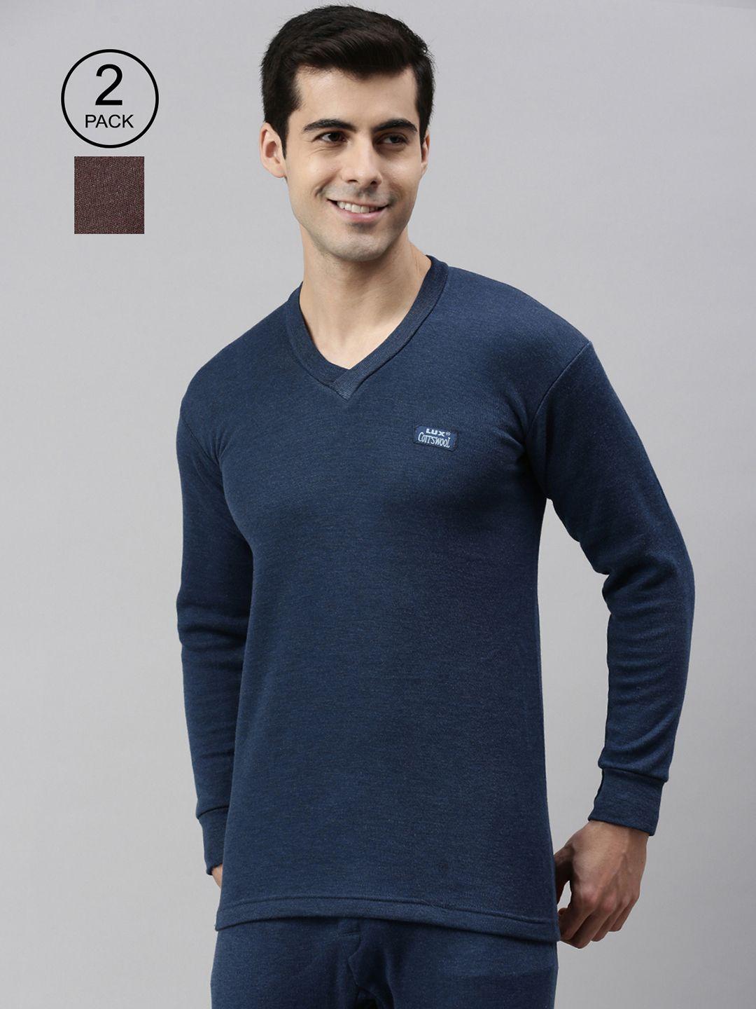 lux cottswool men pack of 2 blue & brown solid cotton thermal tops
