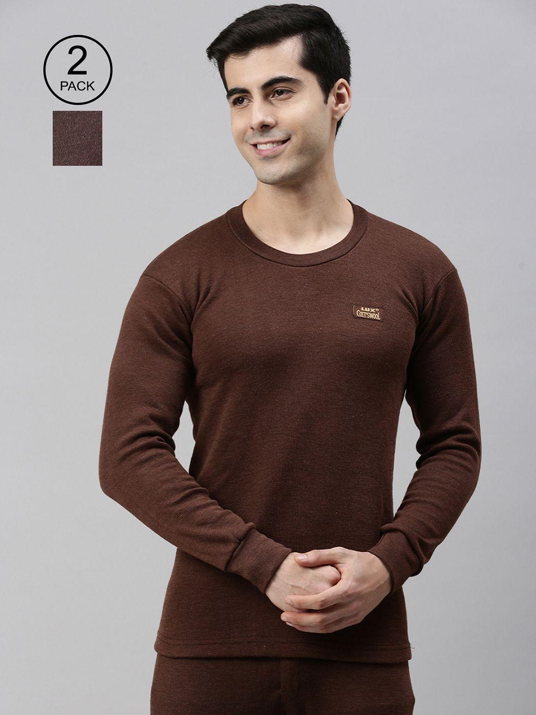 lux cottswool men pack of 2 brown solid cotton slim fit thermal tops