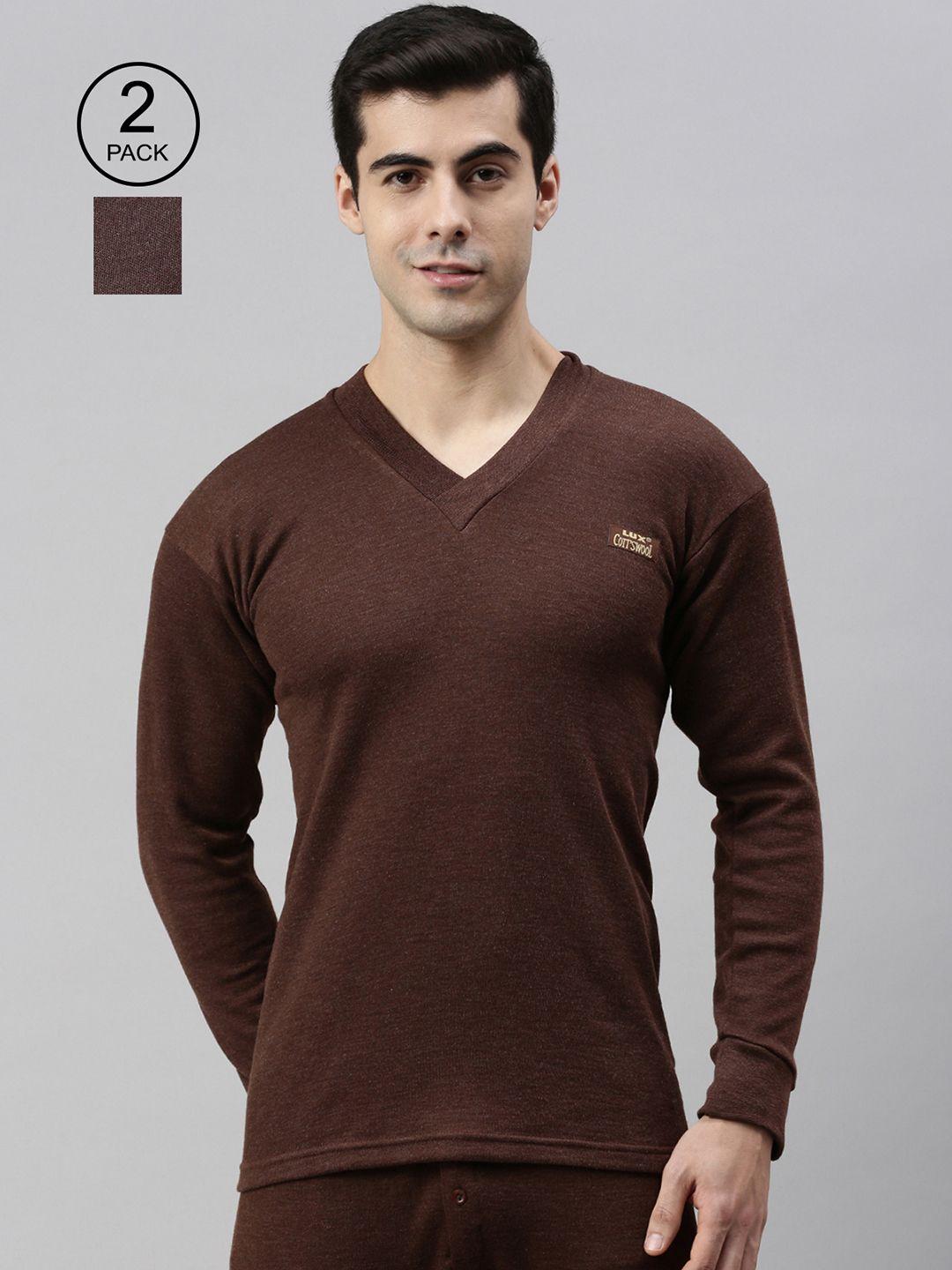 lux cottswool men pack of 2 brown solid cotton thermal tops