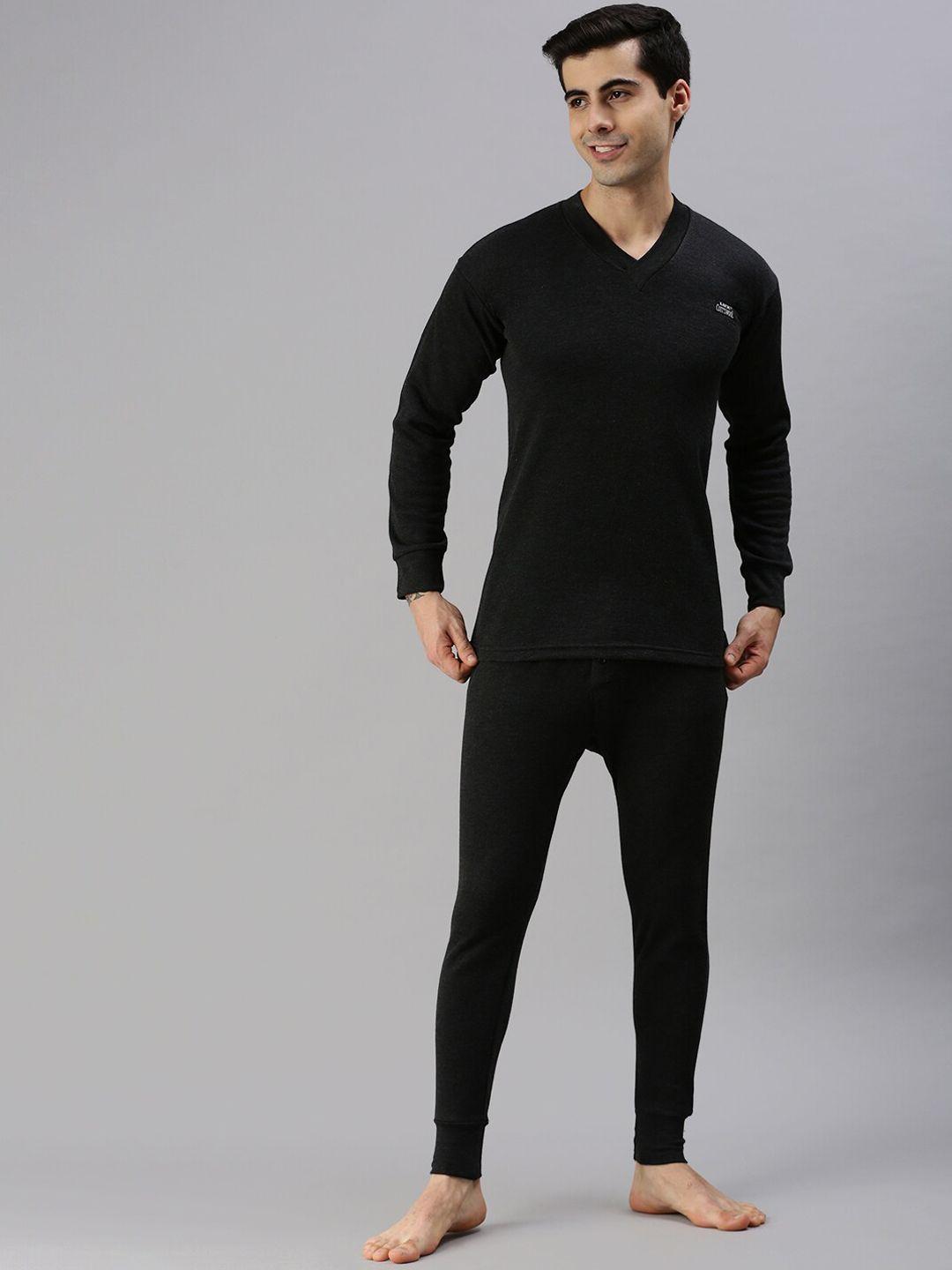 lux cottswool men plus size black solid cotton thermal set