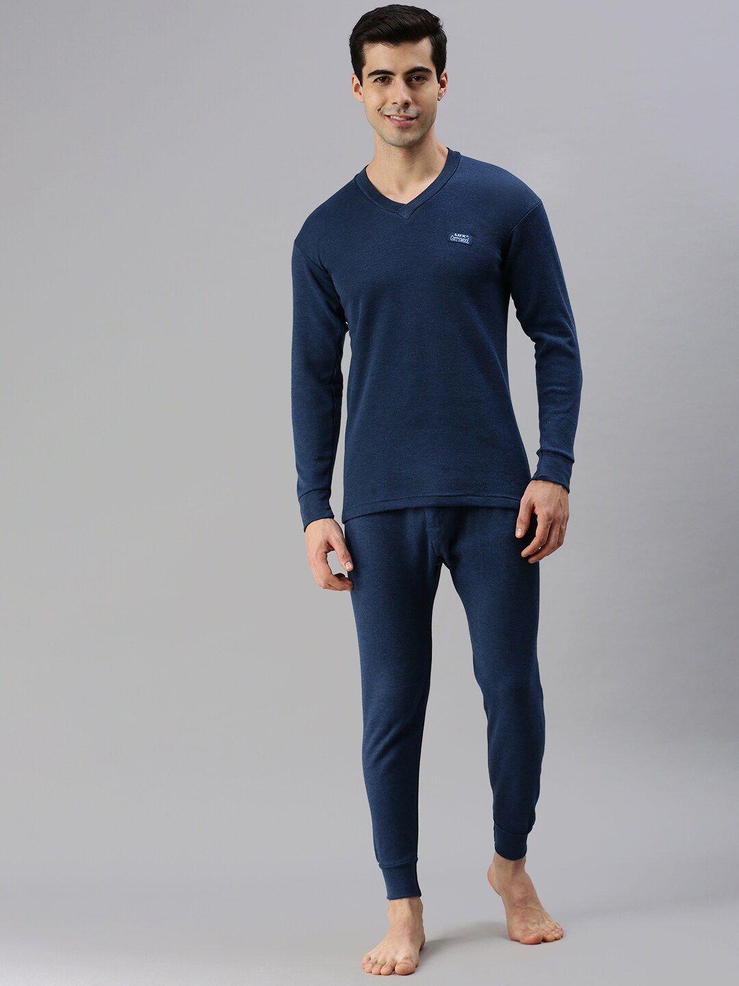 lux cottswool men plus size blue solid cotton thermal set