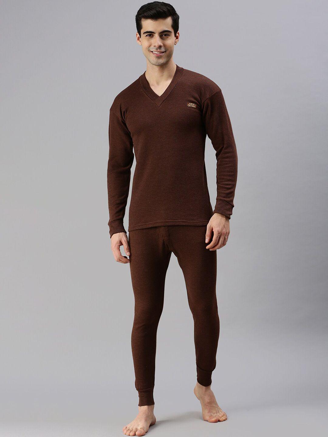 lux cottswool men plus size brown solid cotton thermal set