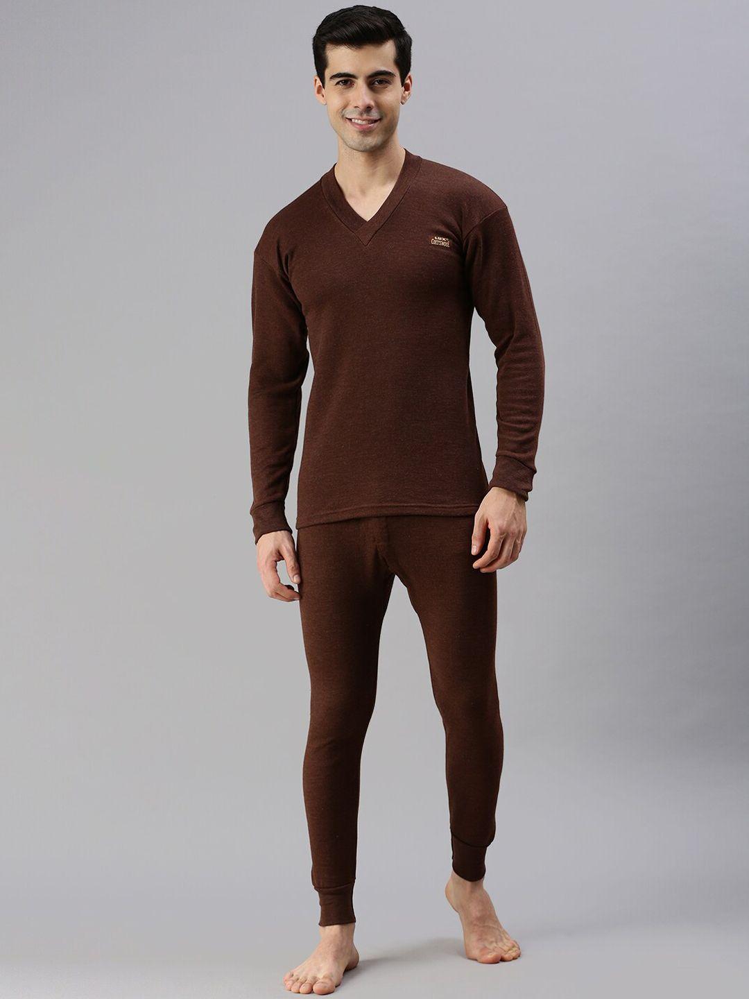 lux cottswool men plus size brown solid cotton thermal set