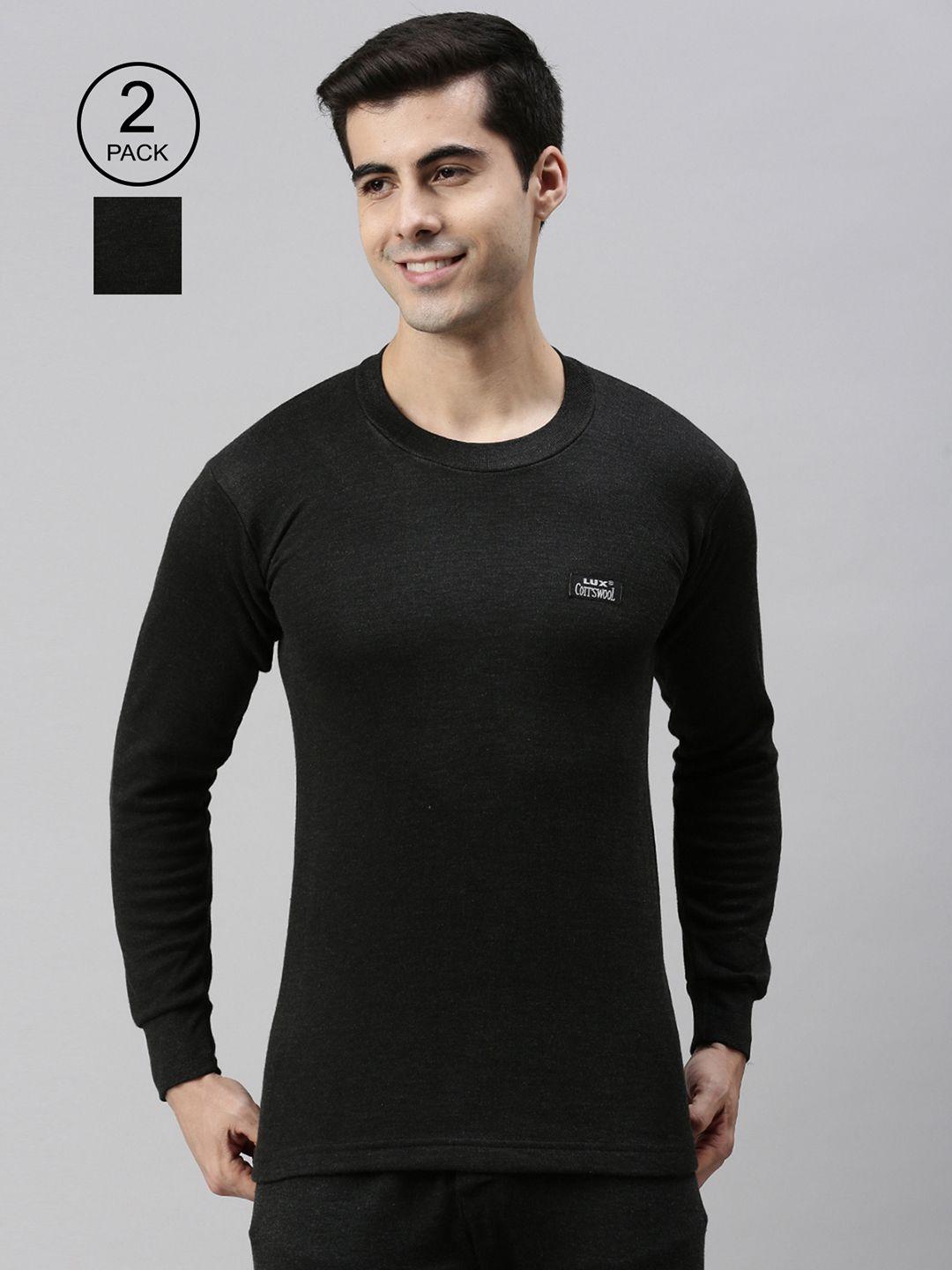 lux cottswool pack of 2 men black solid cotton thermal tops