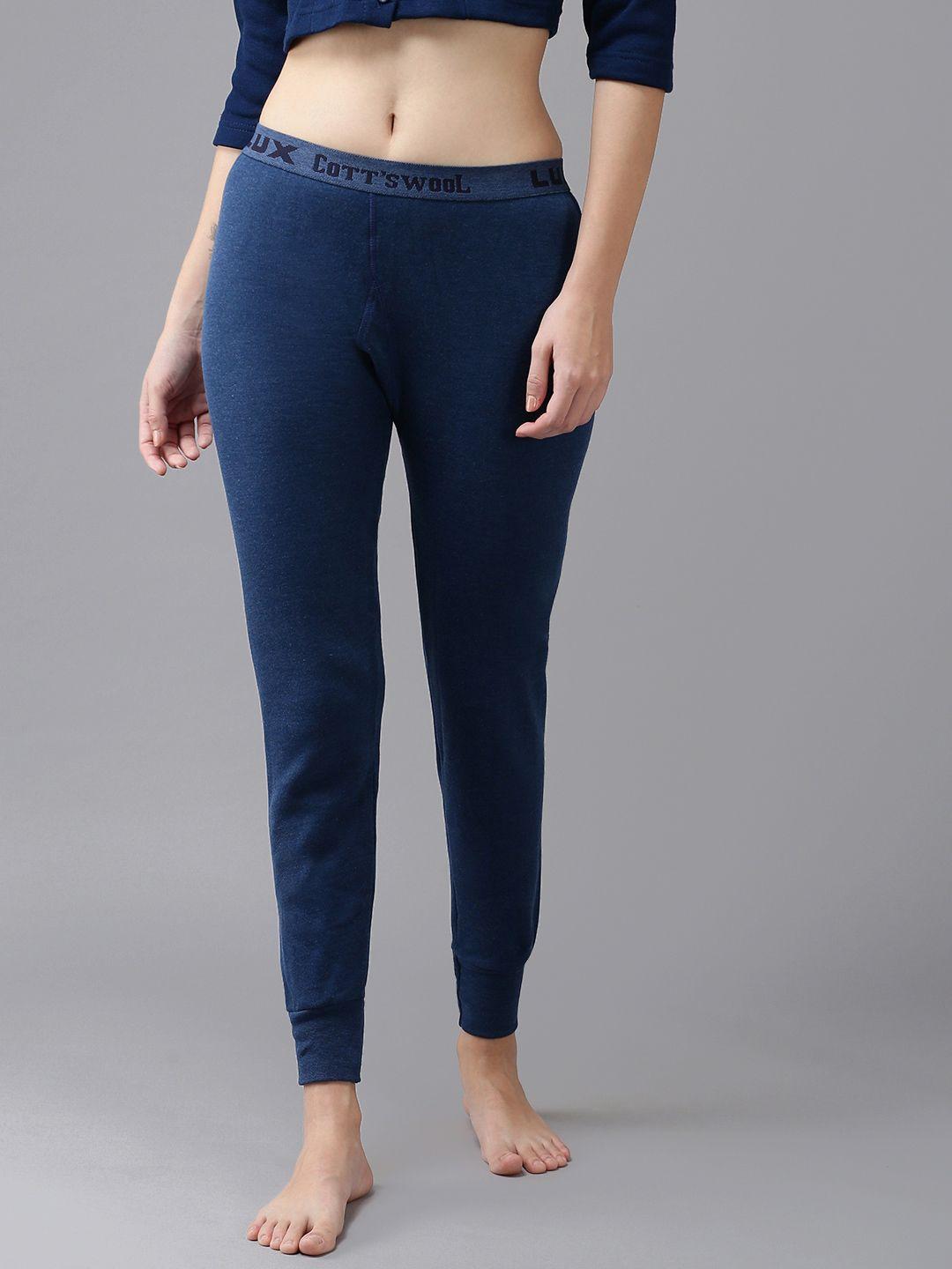 lux cottswool women blue solid cotton thermal bottoms