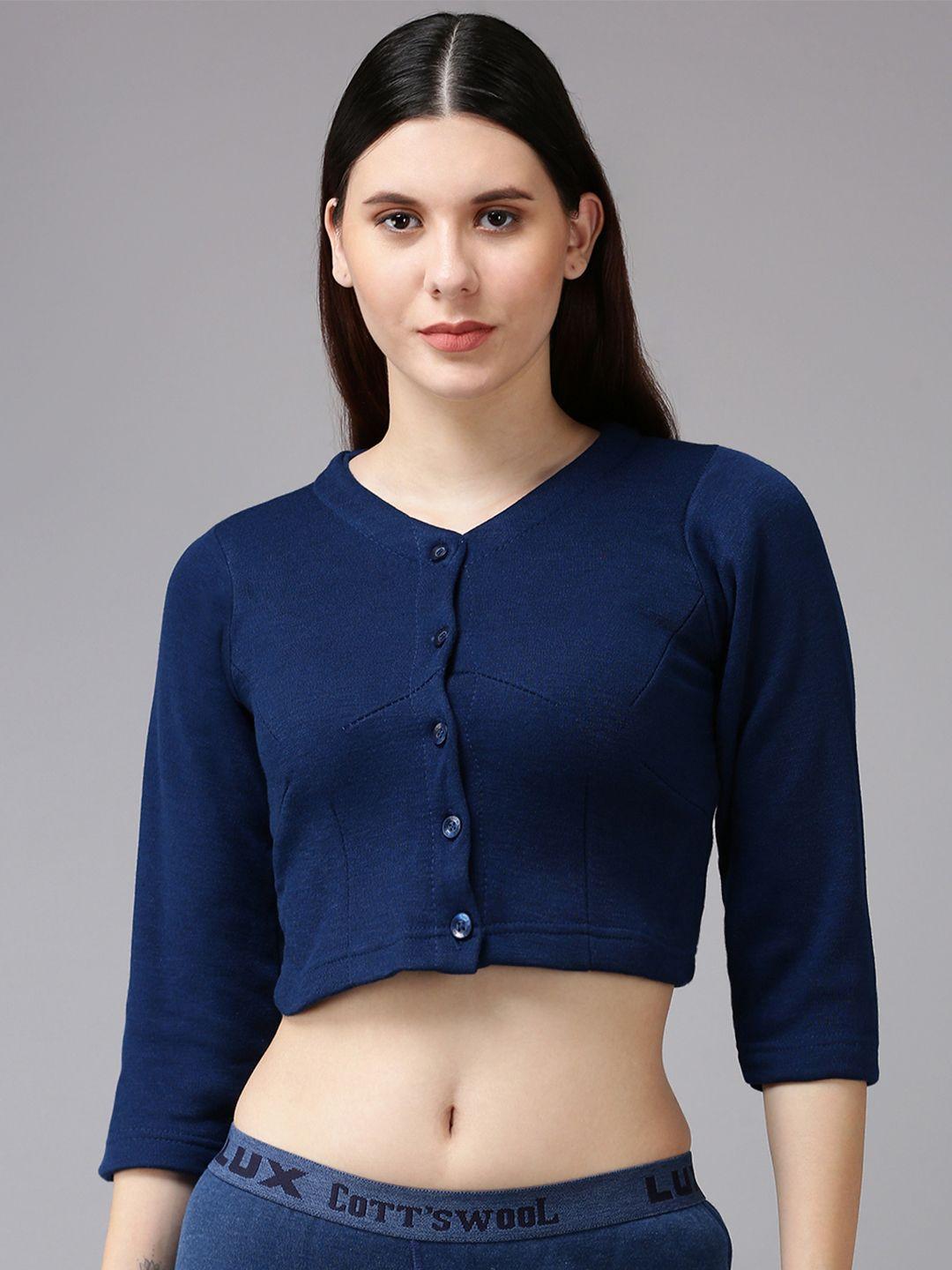 lux cottswool women blue solid slim-fit cotton thermal top