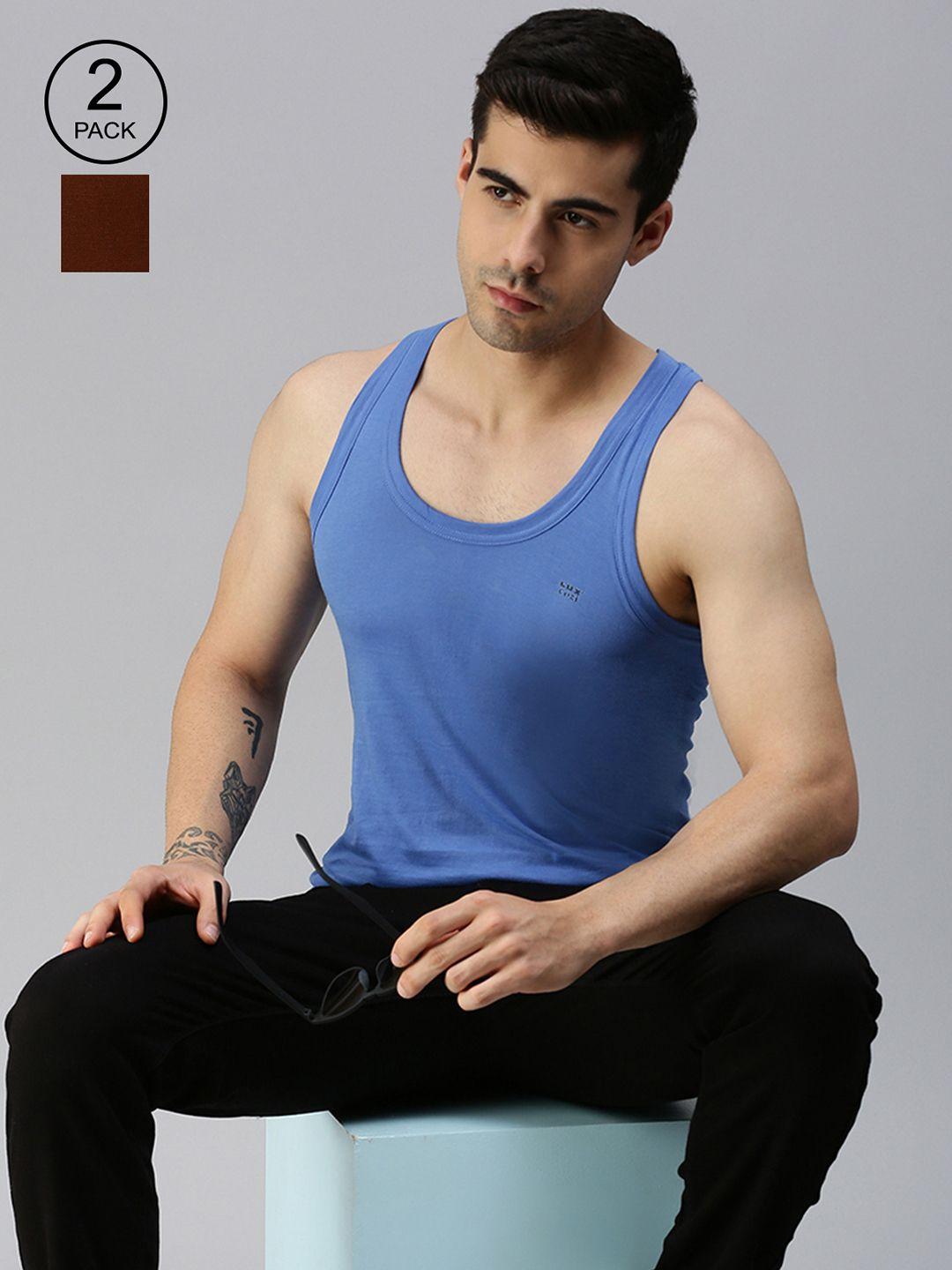 lux cozi men pack of 2 blue & brown solid organic cotton innerwear gym vests