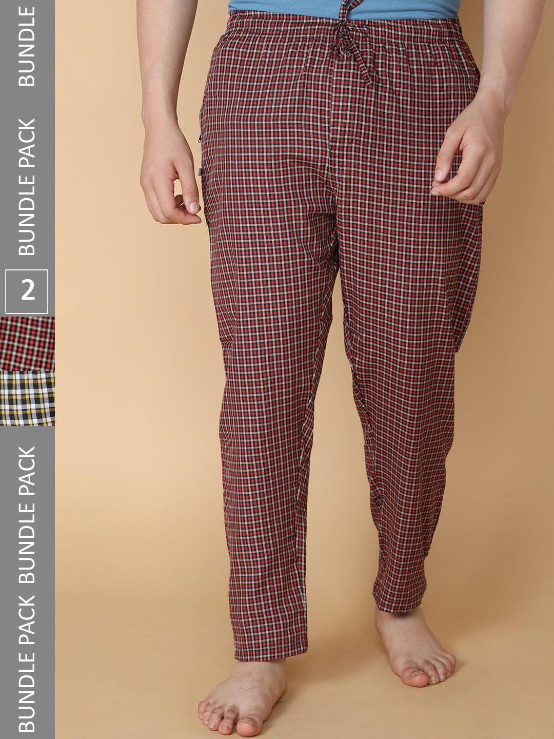lux venus men pack of 2 assorted mid-rise relaxed checks pure cotton lounge pants