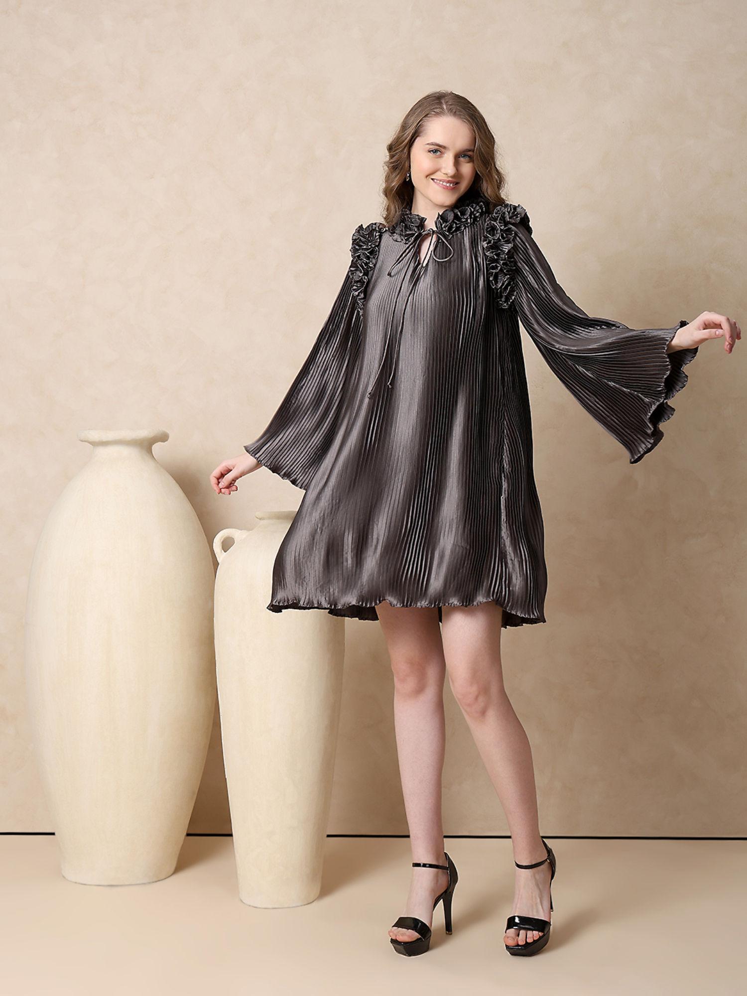 luxe by mish mini charcoal all over pleated dress