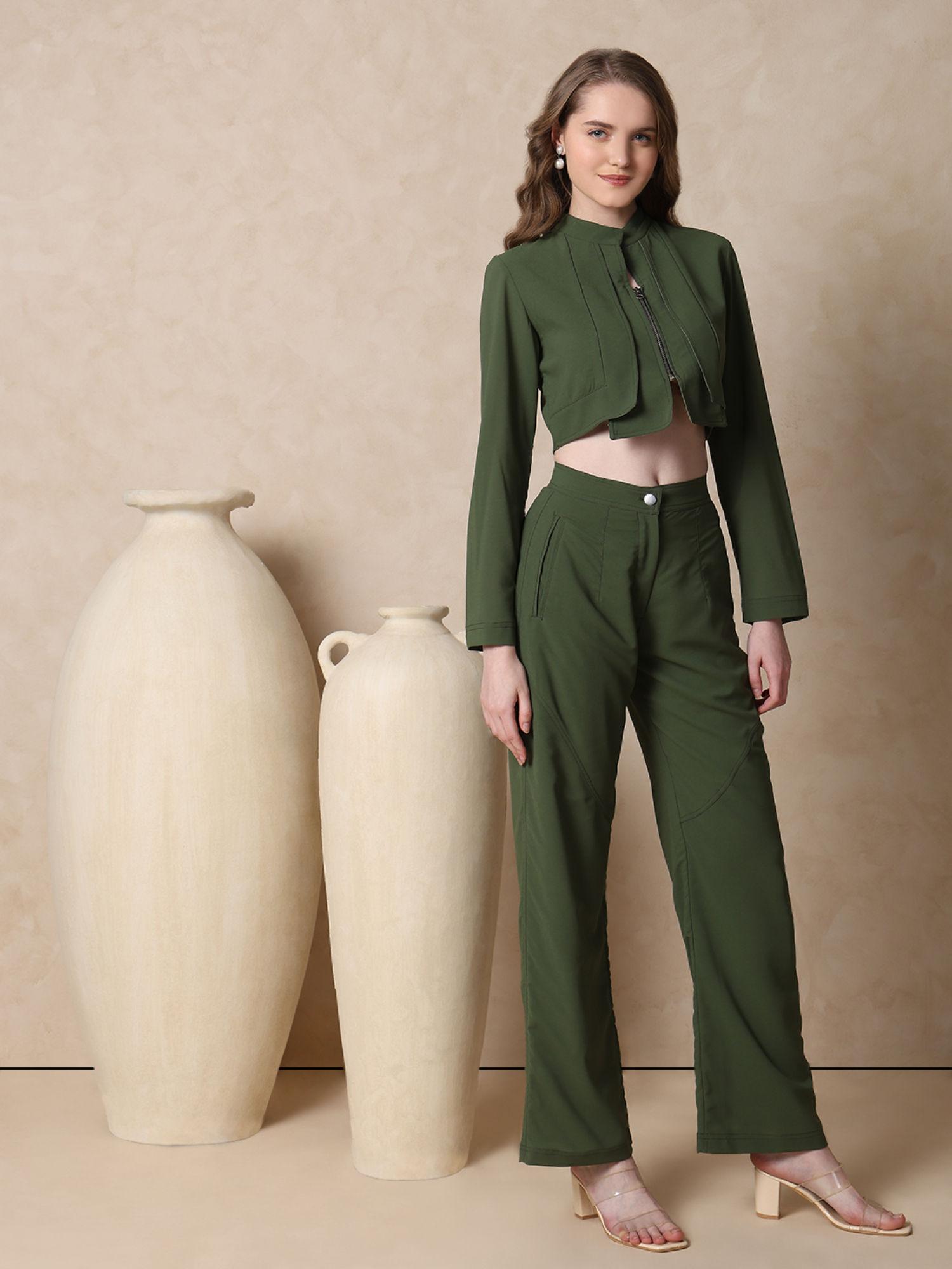 luxe by mish olive green denim look top and wide leg pant co-ord (set of 2)