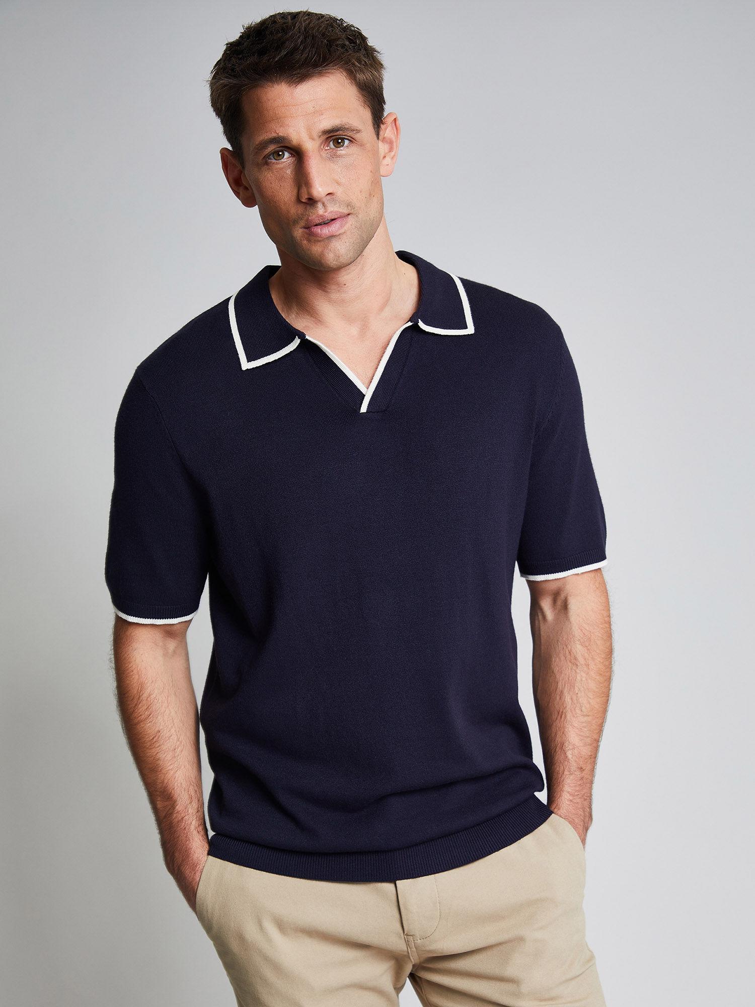 luxe men navy contrast tipping revere collar knitted polo