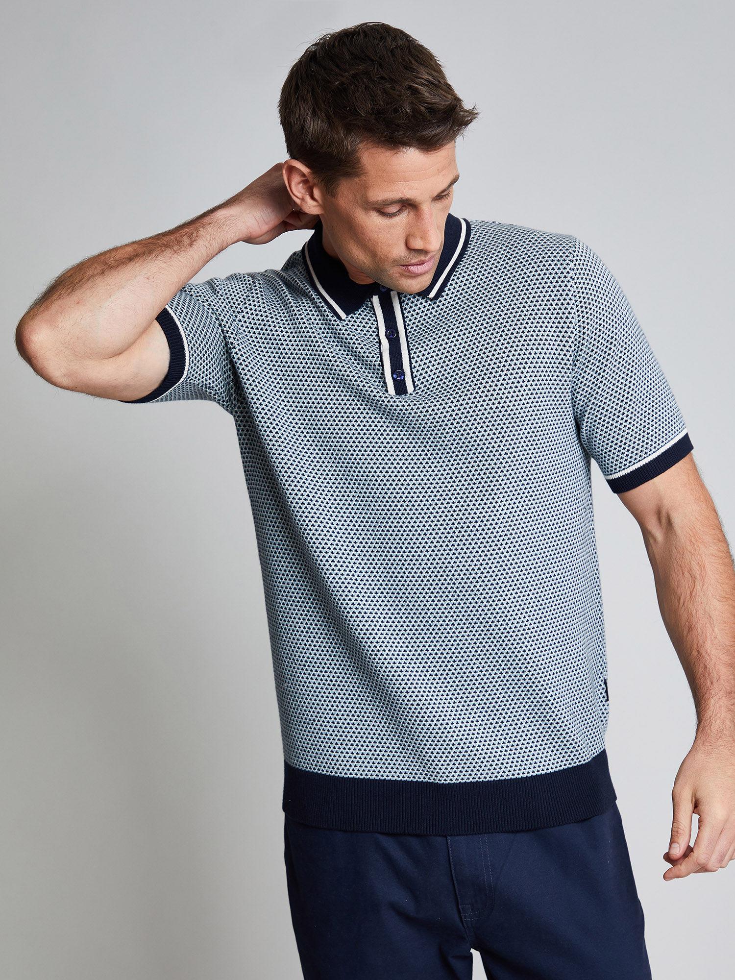 luxe men navy geometric print milano knitted polo