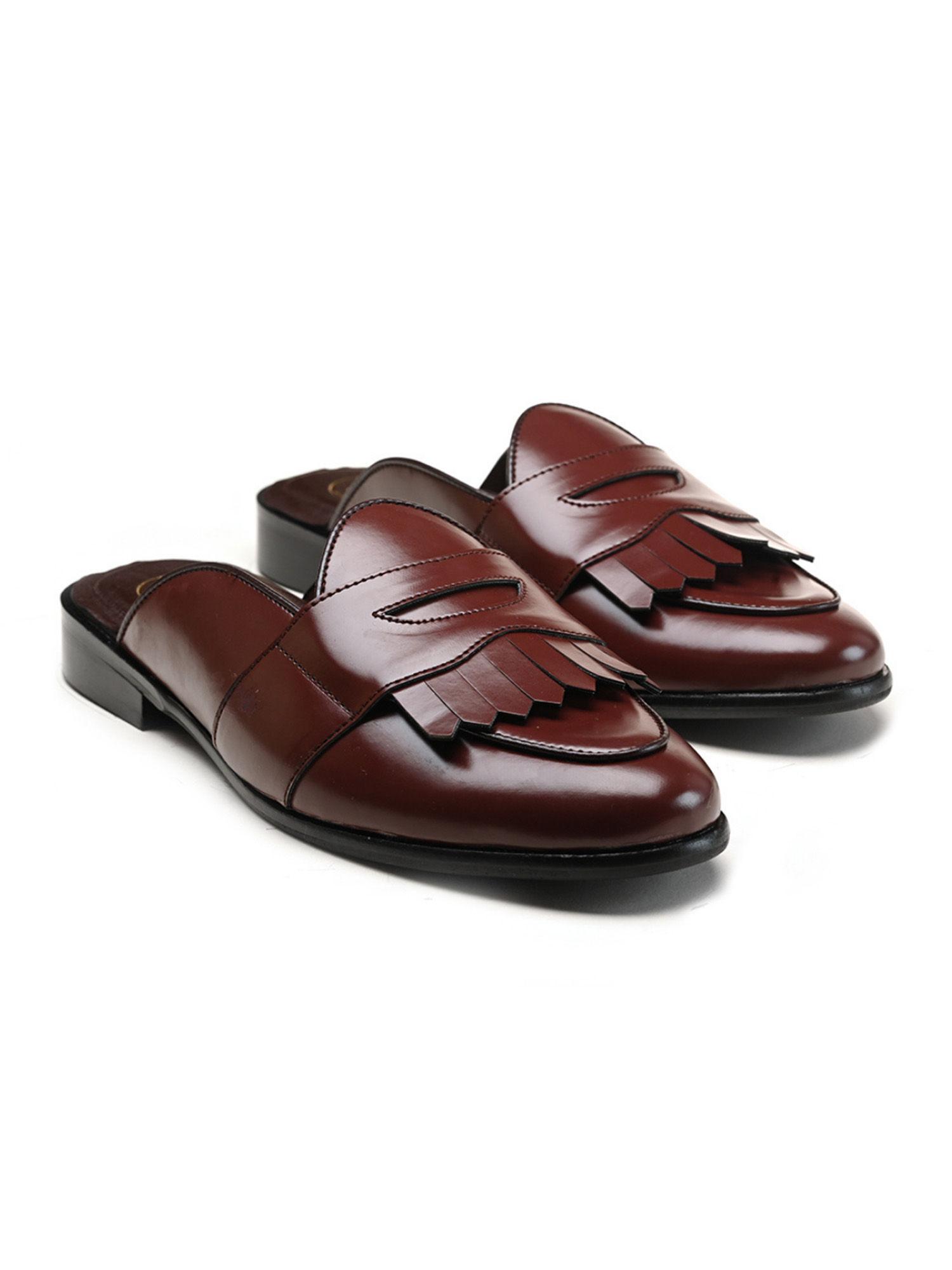 luxious burgundy mules shoes with fringes