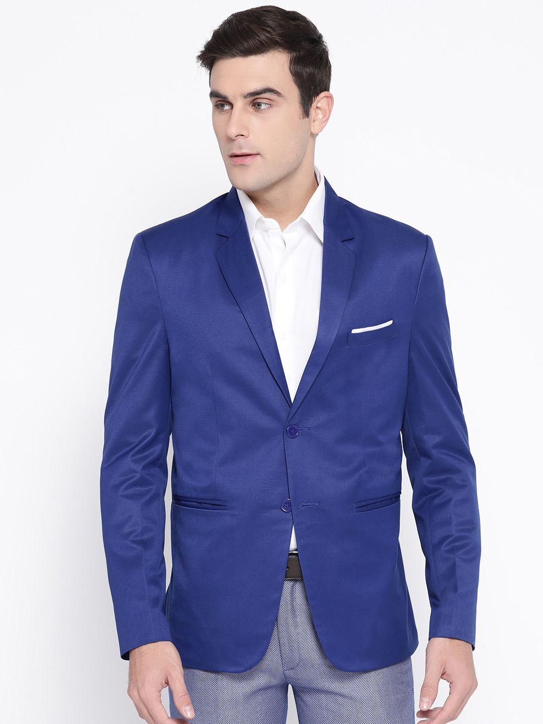 luxrio men blue solid slim fit single-breasted smart casual blazer