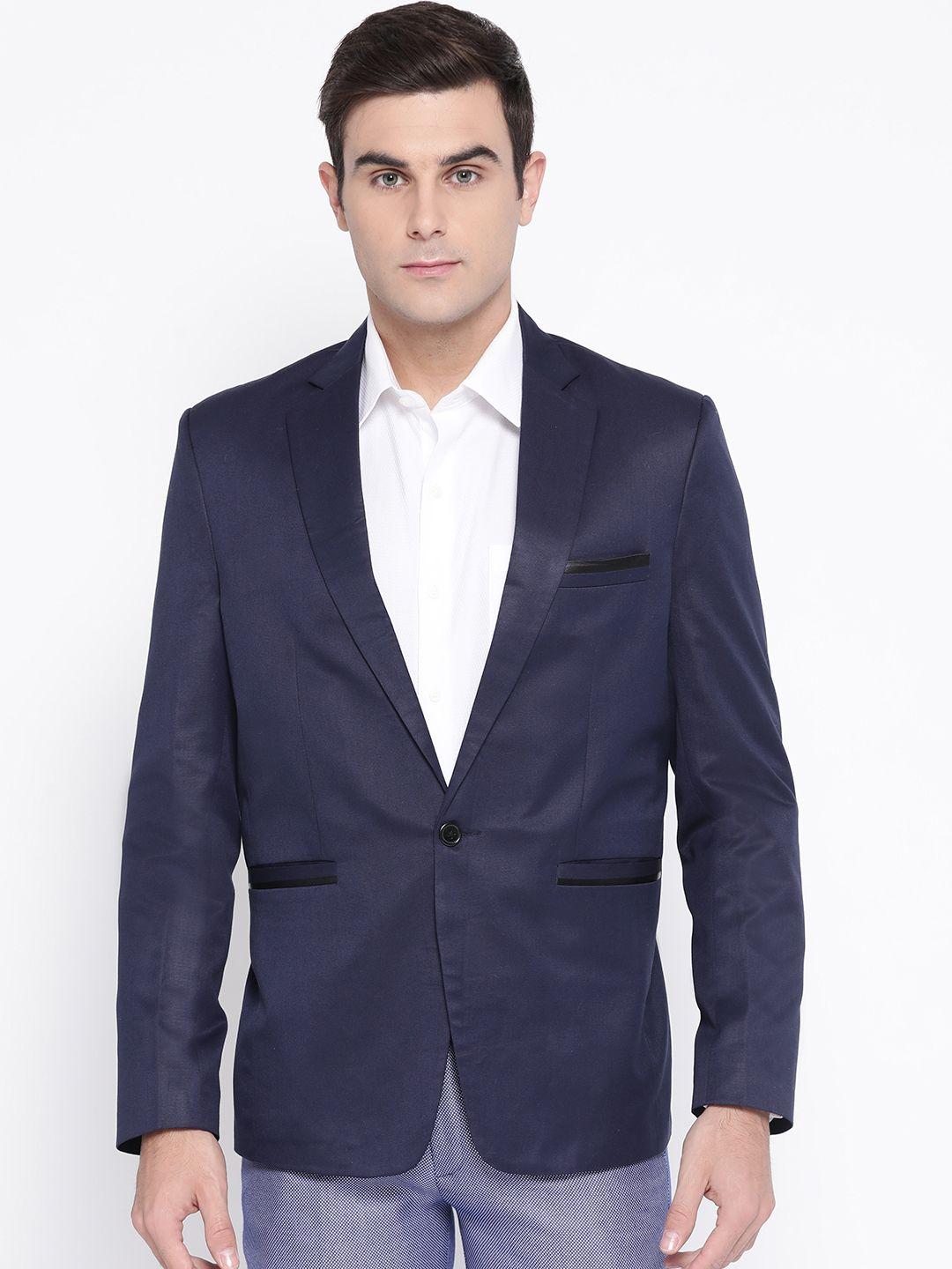 luxrio men navy blue solid slim fit single-breasted smart casual blazer