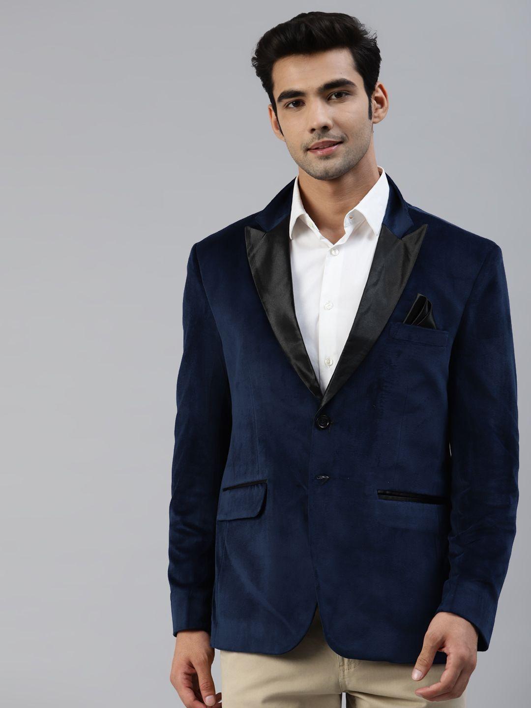 luxrio men navy blue solid velvet single-breasted slim fit blazer